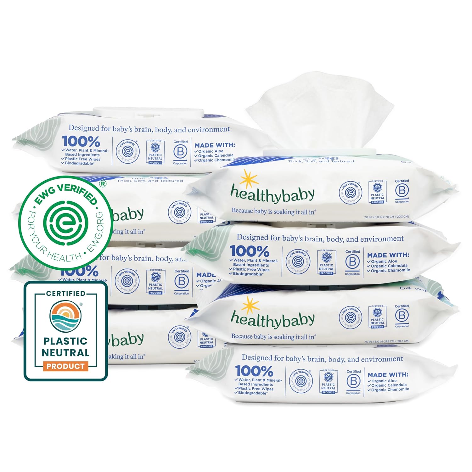 Product image of HealthyBaby Our Wet Wipes | EWG Verified Safe | 100% Water & Plant Based | Unscented & Safe for Sensitive Skin | Fragrance Free and Totally Chlorine Free (8 packs, 512 wipes)