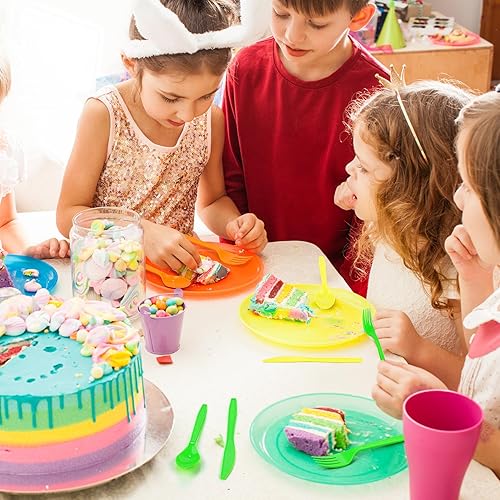 Miniatura 7 de Juego de cubiertos de plástico de 300 piezas de neón para fiestas, juegos de cubiertos desechables de colores, incluye 100 tenedores de neón para