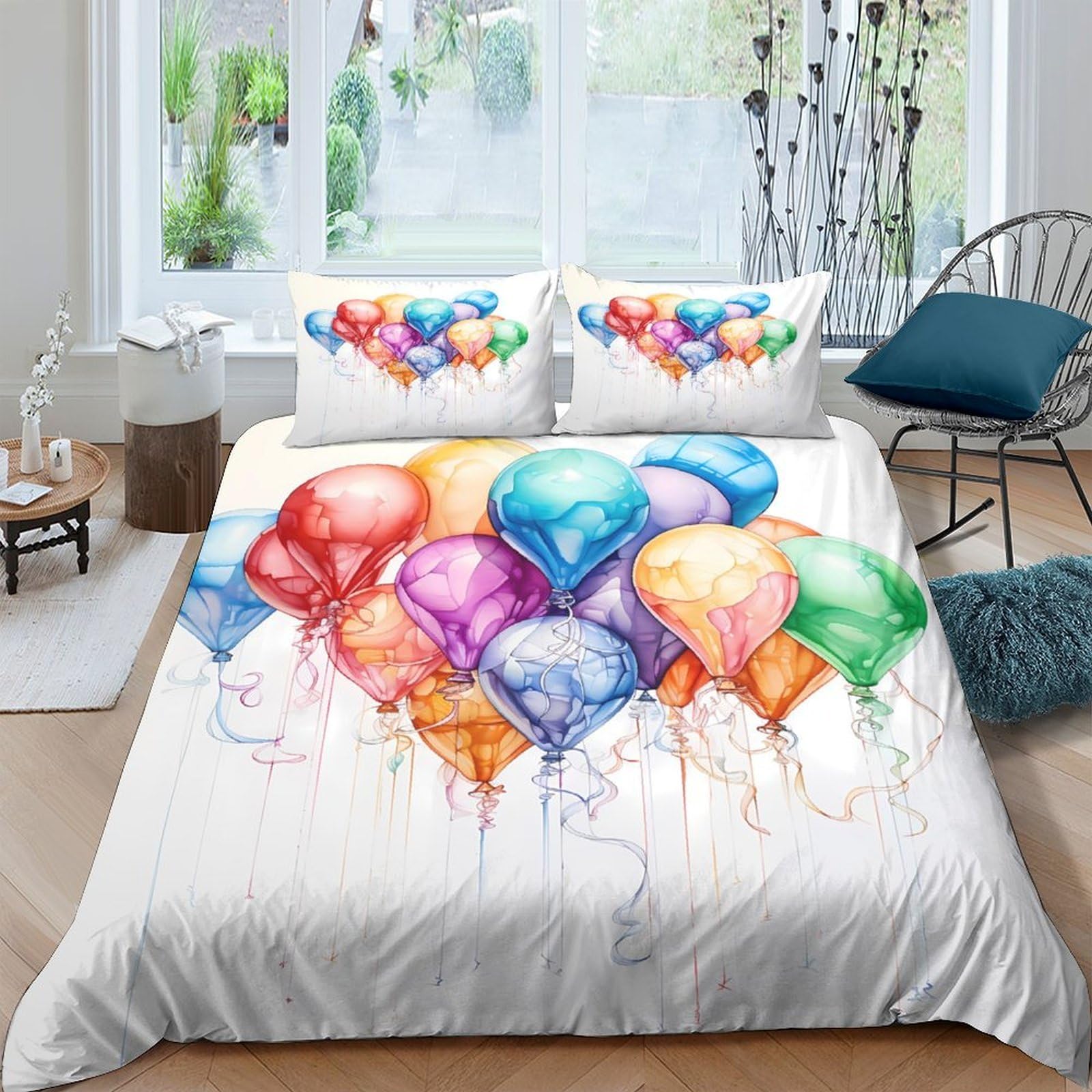 GPLZQXKJNH 3D Printed Colorful Balloon Duvet Cover Microfiber Soft Breathable Watercolor Party Quilt Cover Set with 2 Pillowcases for Bedroom Decor Single（135x200cm）