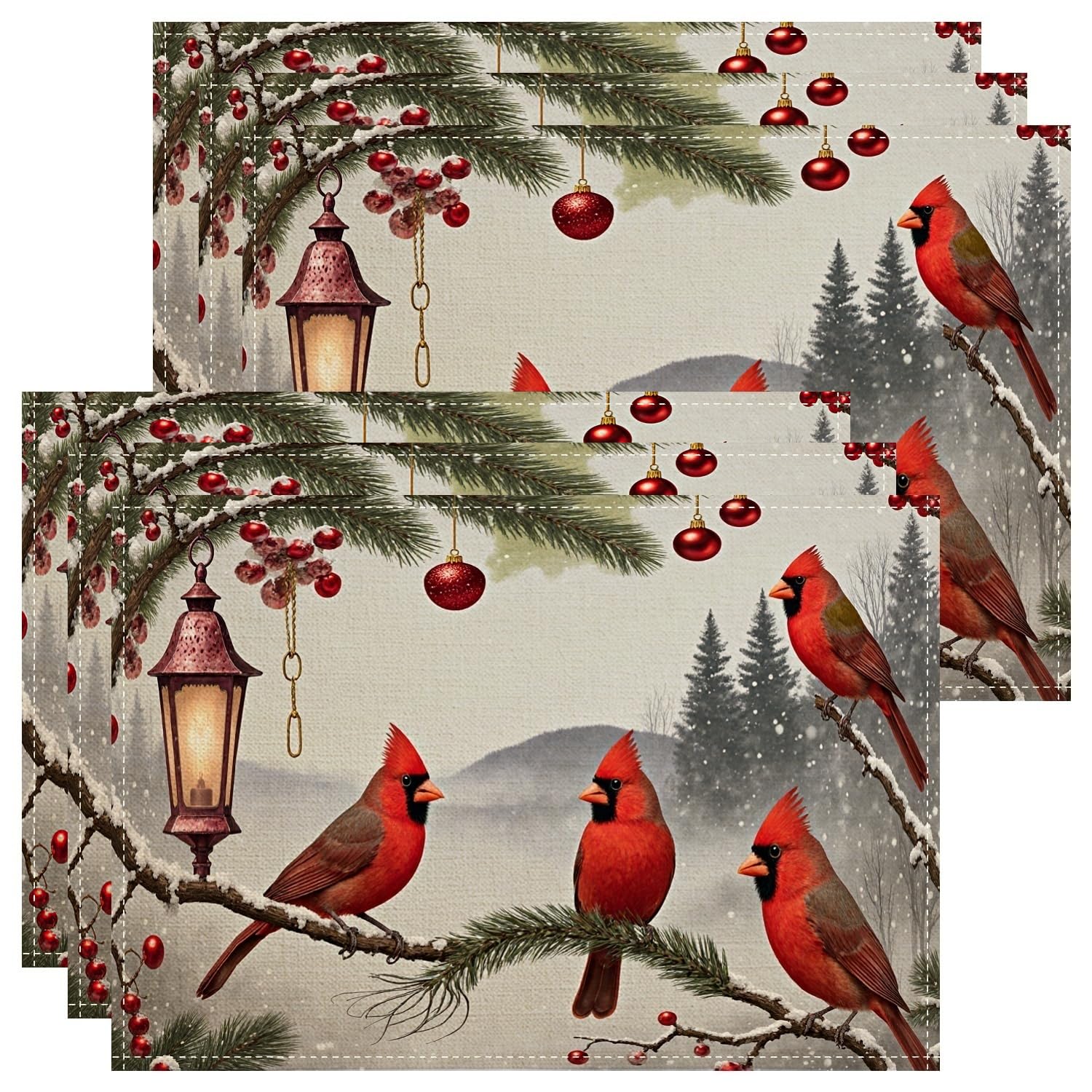 Cardinal Birds Placemats, Rustic Winter Decor Place Mats for Dining Table, Holiday Non-Slip Washable Indoor Outdoor Kitchen Party Decorative Placemat Set of 6
