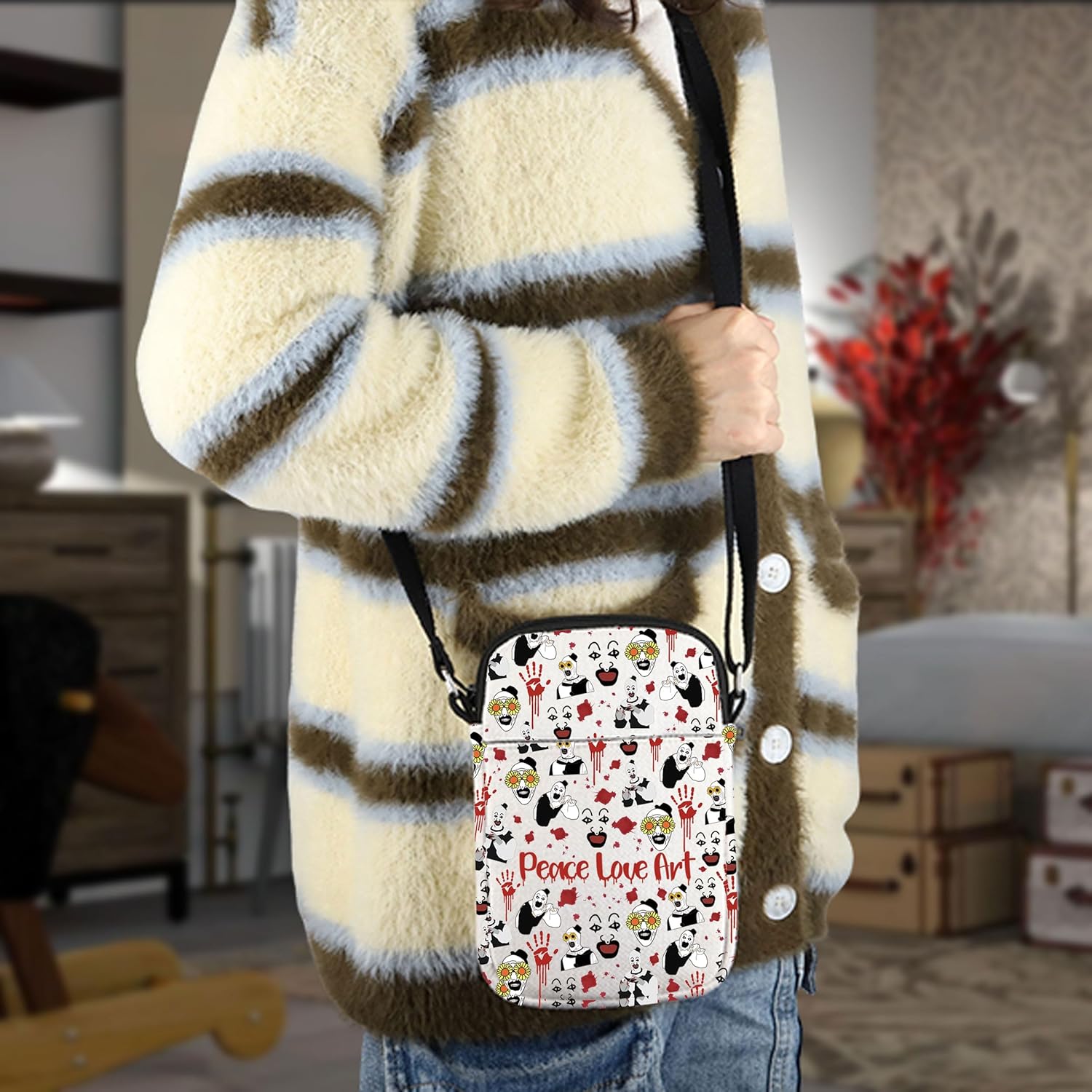 MNIGIU Horror Movie Inspired Gift Horror Clown Crossbody Bag Peace Love Art Horror Theme Shoulder Bag Clown Movie Lover Gift - Image 3