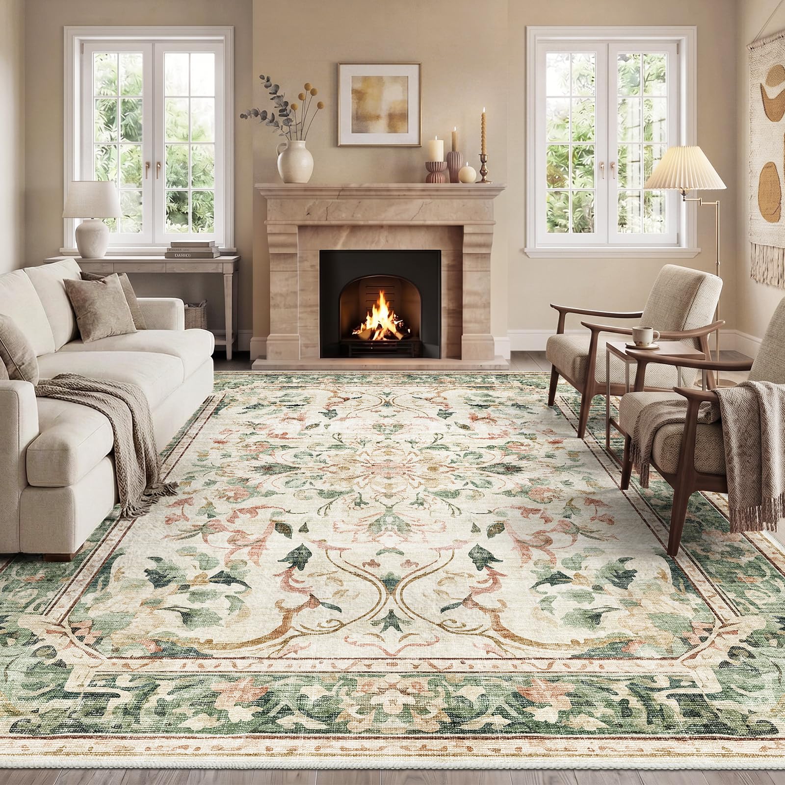 IKALIFE Alfombra Salon Vintage 200x300cm Lavable Verde | Alfombra Grande Lavable en Lavadora, Pelo Corto Floral, Antideslizante y Suave para Salón, Dormitorio y Comedor