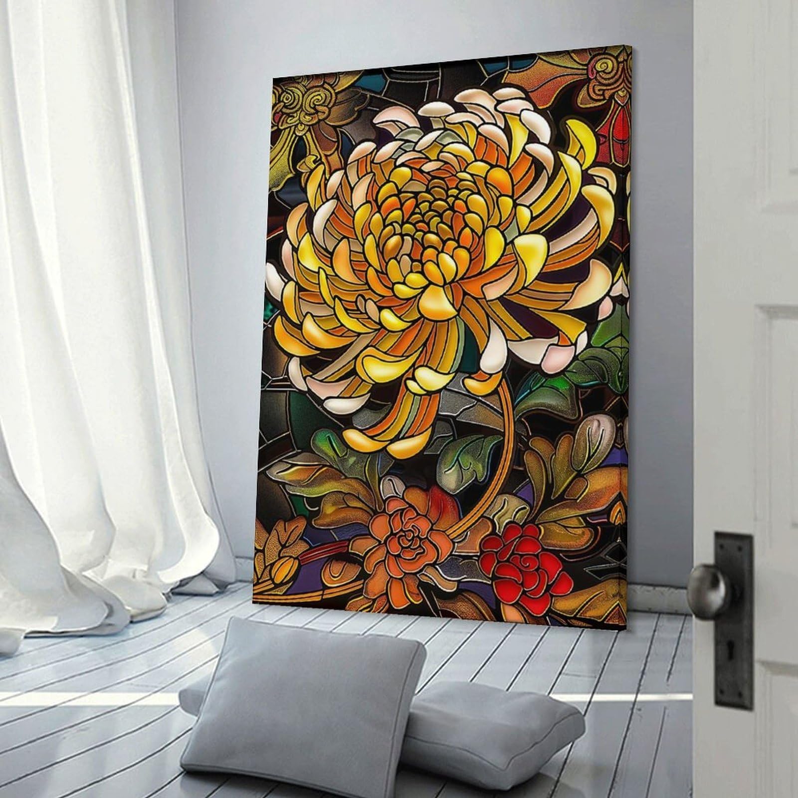 Junmoney Frame-Style-8 Canvas Art Print Stained Glass Chrysanthemum, 08X12inch(20X30cm), For Office, Study Or Home Workspace, Wall Art That Adds Style To Work Areas