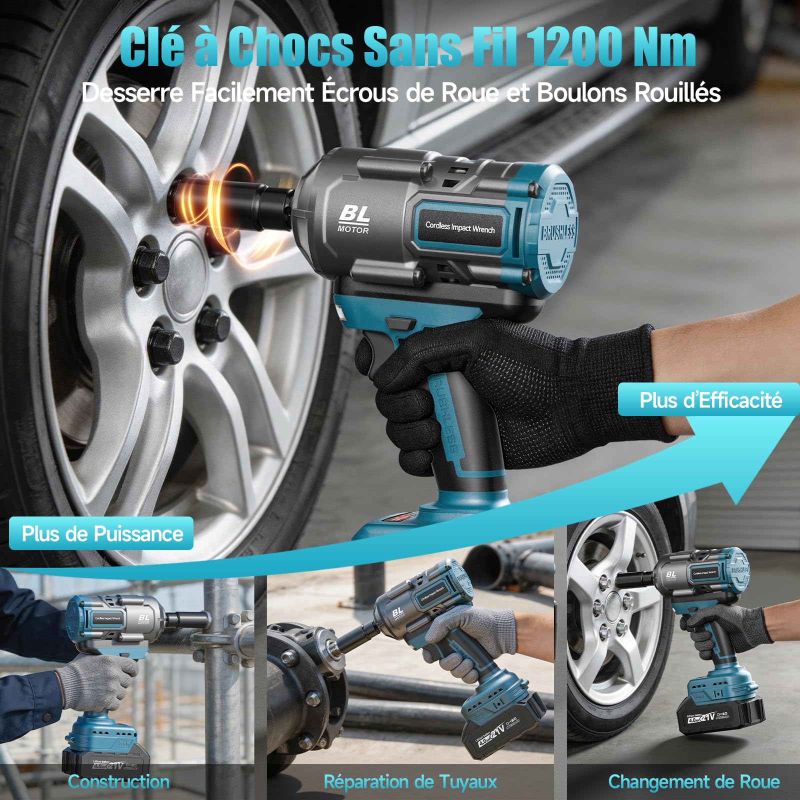 Clé à choc sans fil 1100Nm 1/2" Brushless avec 2×4000mAh Batterie, compatible avec batterie Ma-kkita 18V, clé à choc électrique incl. 5 douilles, rallonge et coffret – Yofuly