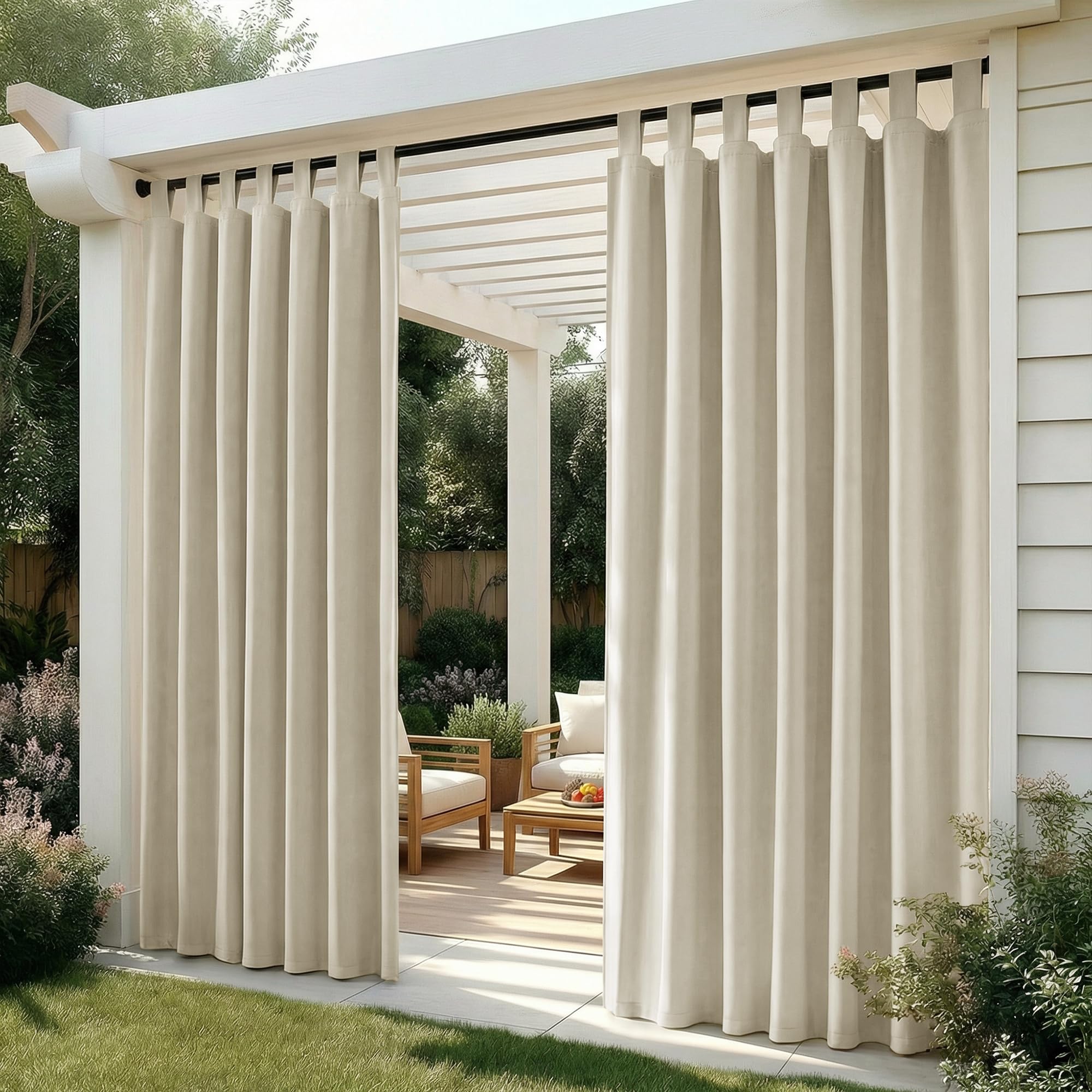 Deconovo Outdoor Vorhang Wetterfest Schlaufen Blickdicht Sonnenschutz Terrasse Balkon Thermovorhang, 214x132 cm (Höhe x Breite), Hellbeige, 2er Set