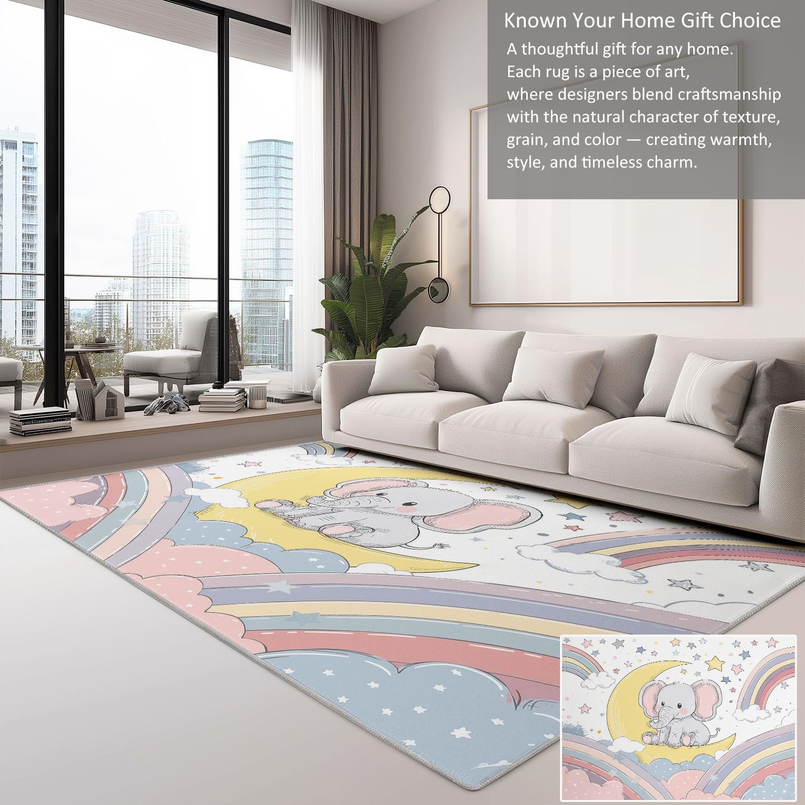Tapis Salon Cartoon Lune Étoiles Éléphant Moquette Lavable en Machine avec Dessous Antidérapant, Tapis poils courts et moelleux Décoratif pour Chambre Cuisine Entrée et Maison Blanc, 160x230CM