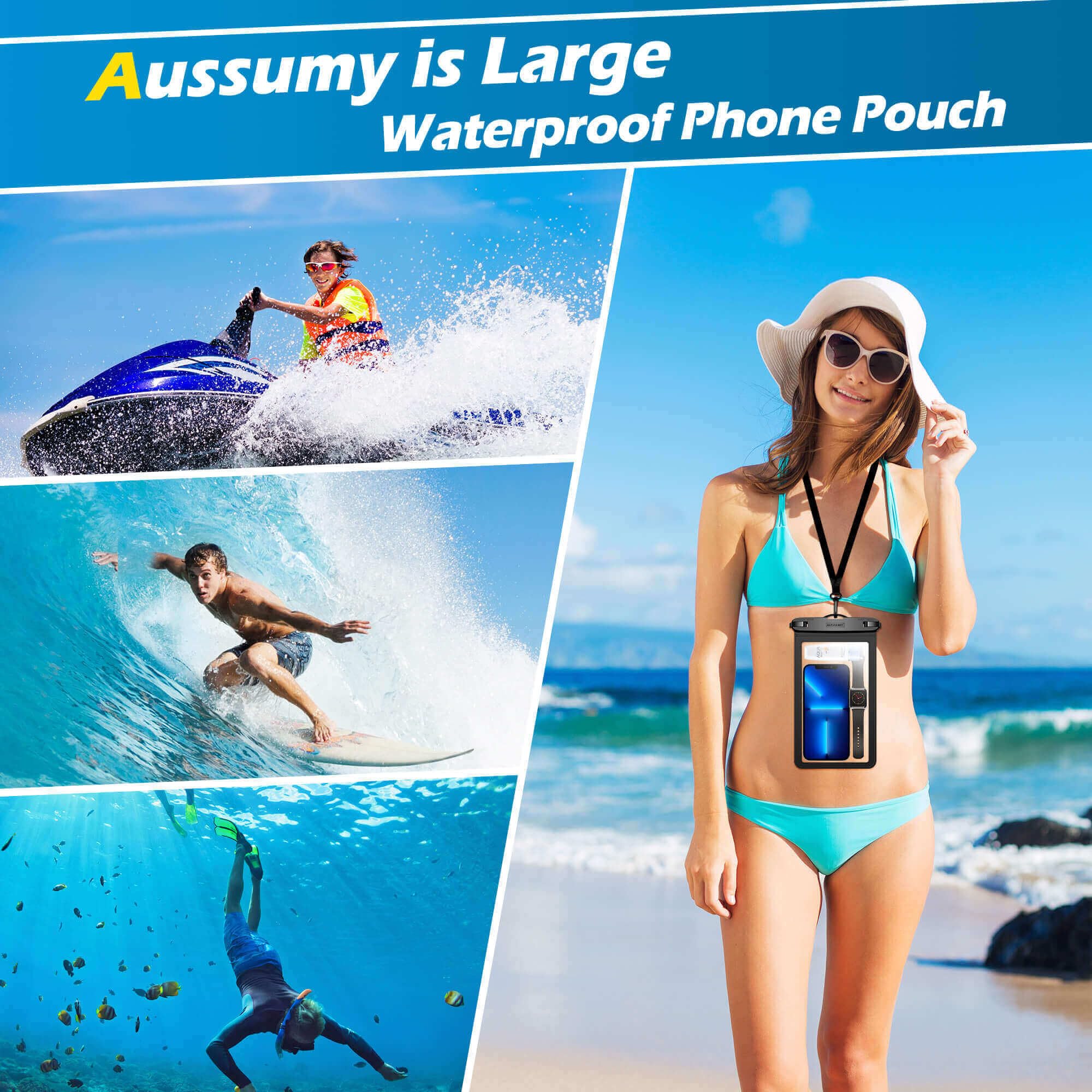 Paquete de 4 fundas impermeables grandes de 10.5 pulgadas, soporte transparente bajo el agua, bolsa seca universal a prueba de agua con cordón para el cuello para iPhone 16 Pro Max Samsung Galaxy con