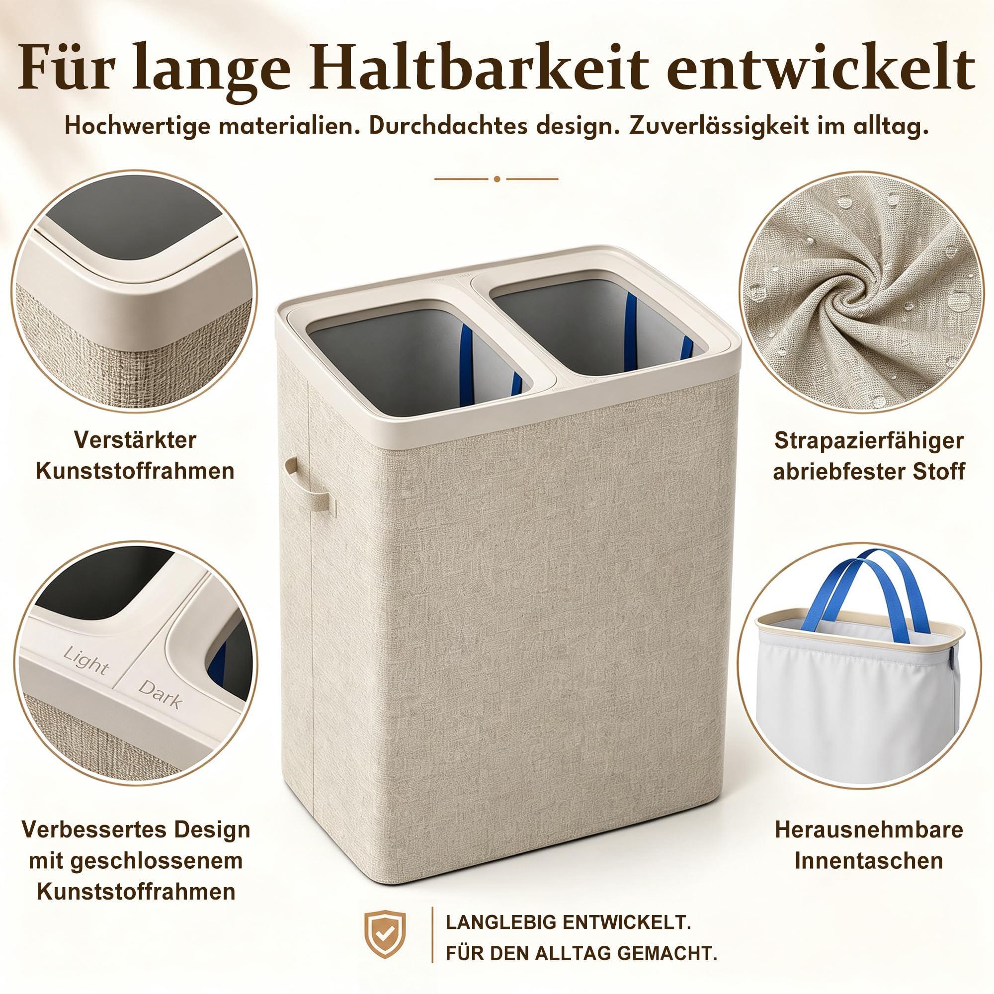 100L Wäschekorb mit Deckel, Wäschesammler 2 Fächer mit herausnehmbaren Wäschesäcken, Faltbare Wäschebox für Schmutzwäsche, Wäschebehälter für Badezimmer und Schlafzimmer, Beige