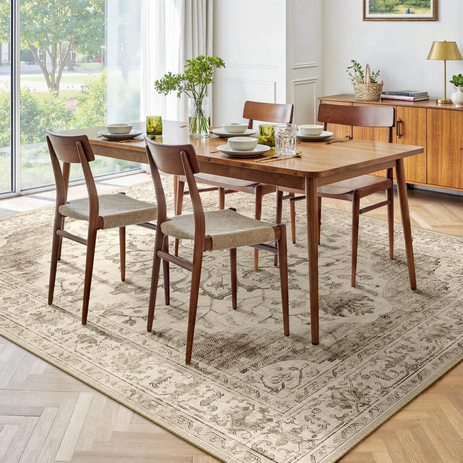 INOVADAY Vintage Tappeto 180x270 cm Tappeti Beige Chiaro | Tappeto Salotto, Tappeto Camera da letto, Lavabile in Lavatrice, Sala da pranzo, Cucina, Morbida, Slavata, Stampato, OEKO