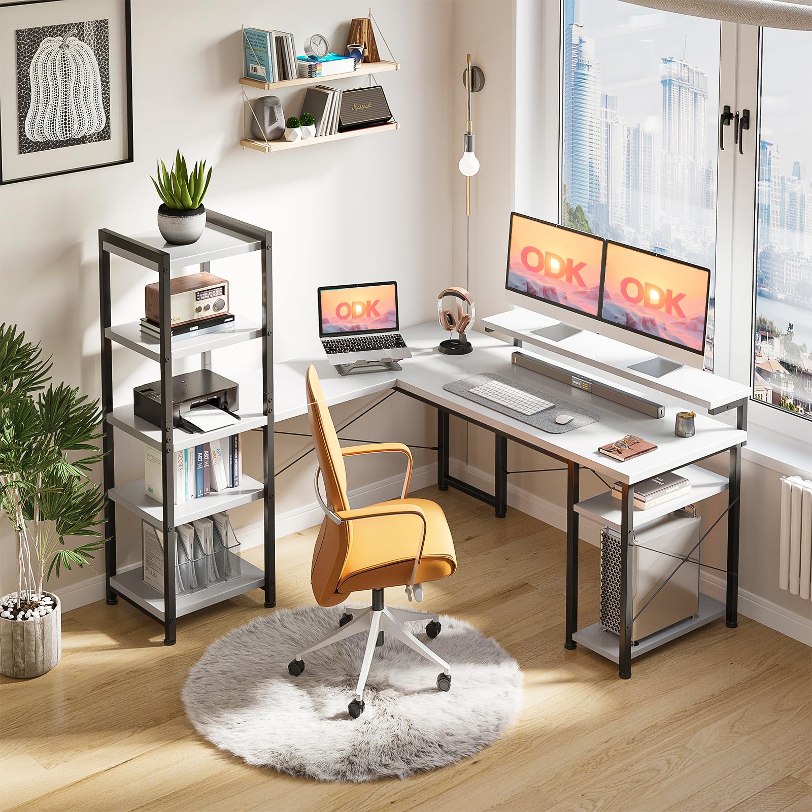 ODK Bureau avec étagère, Bureau en Forme De L avec Support D'écran Long, Blanc 140×137 Cm