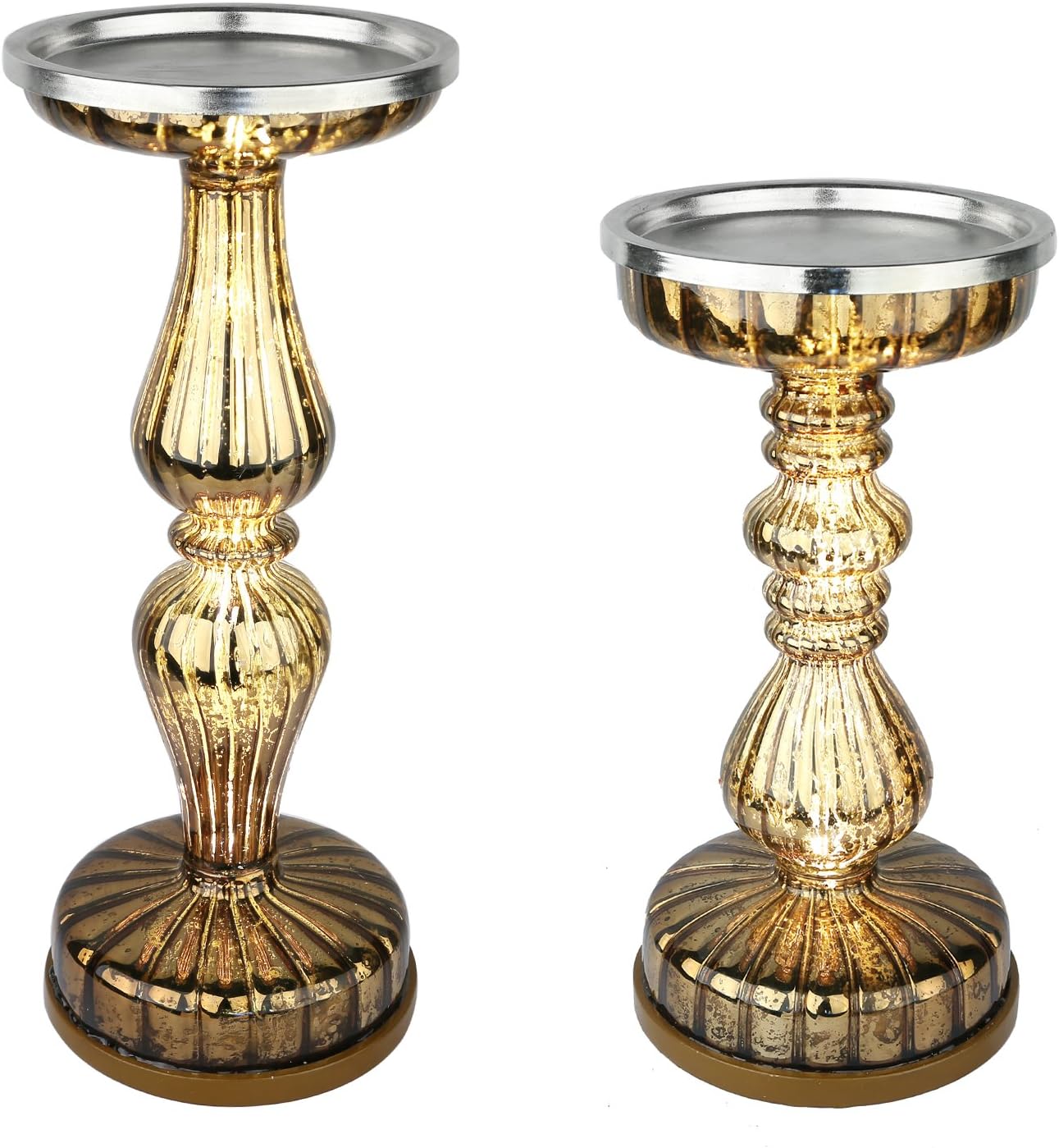 Runflory S/2 Lit Candle Holder Pedestals, 5.3" Handmade Festive Ribbed Mercury Glass Pillar Candle Stand Holder with Micro LED Lights - Home Decor Accessories (Brown)