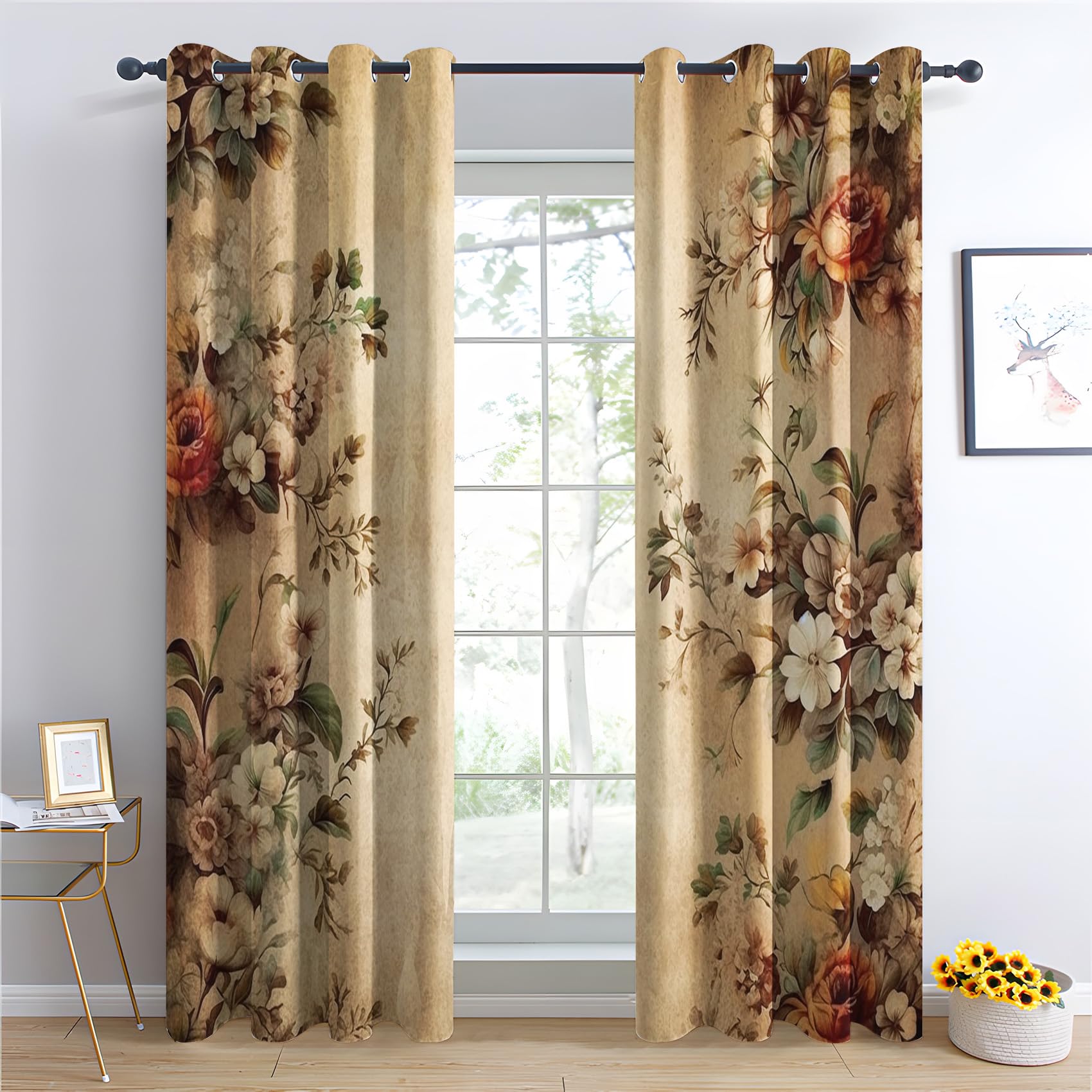 2 Rideaux Occultants Thermiques Fleur Rose - 110x215 Cm Chaque | Motif Floral Beige | Bloque 95% Lumière | Isolant Froid/chaleur