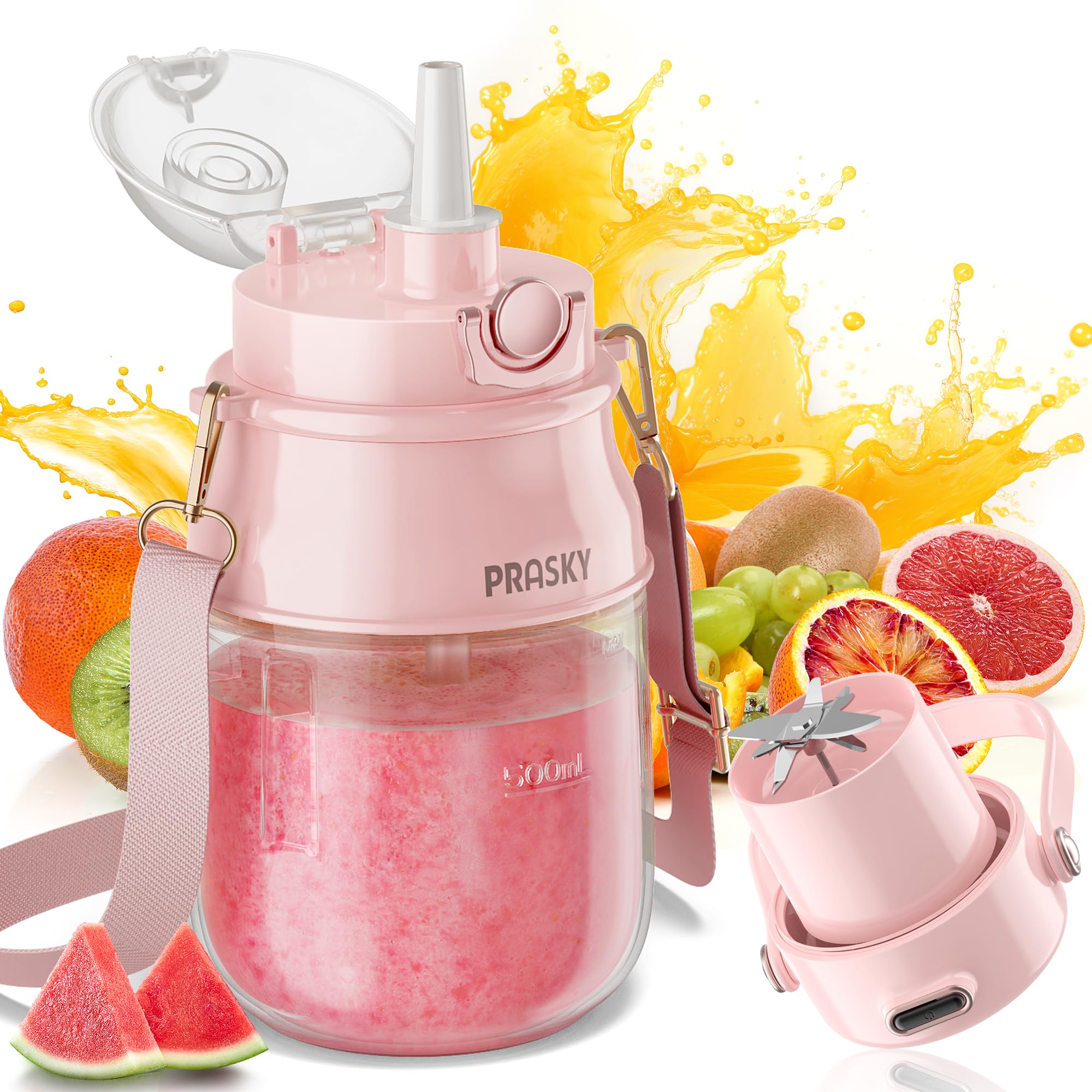 Portable Blender, Prasky Personal Blenders for Shakes and Smoothies with 27oz Cup, Lid and Shoulder Strap, Type-C USB Rechargeable, Personal Size Blenders BPA-free for Travel/Kitchen (Light Pink)