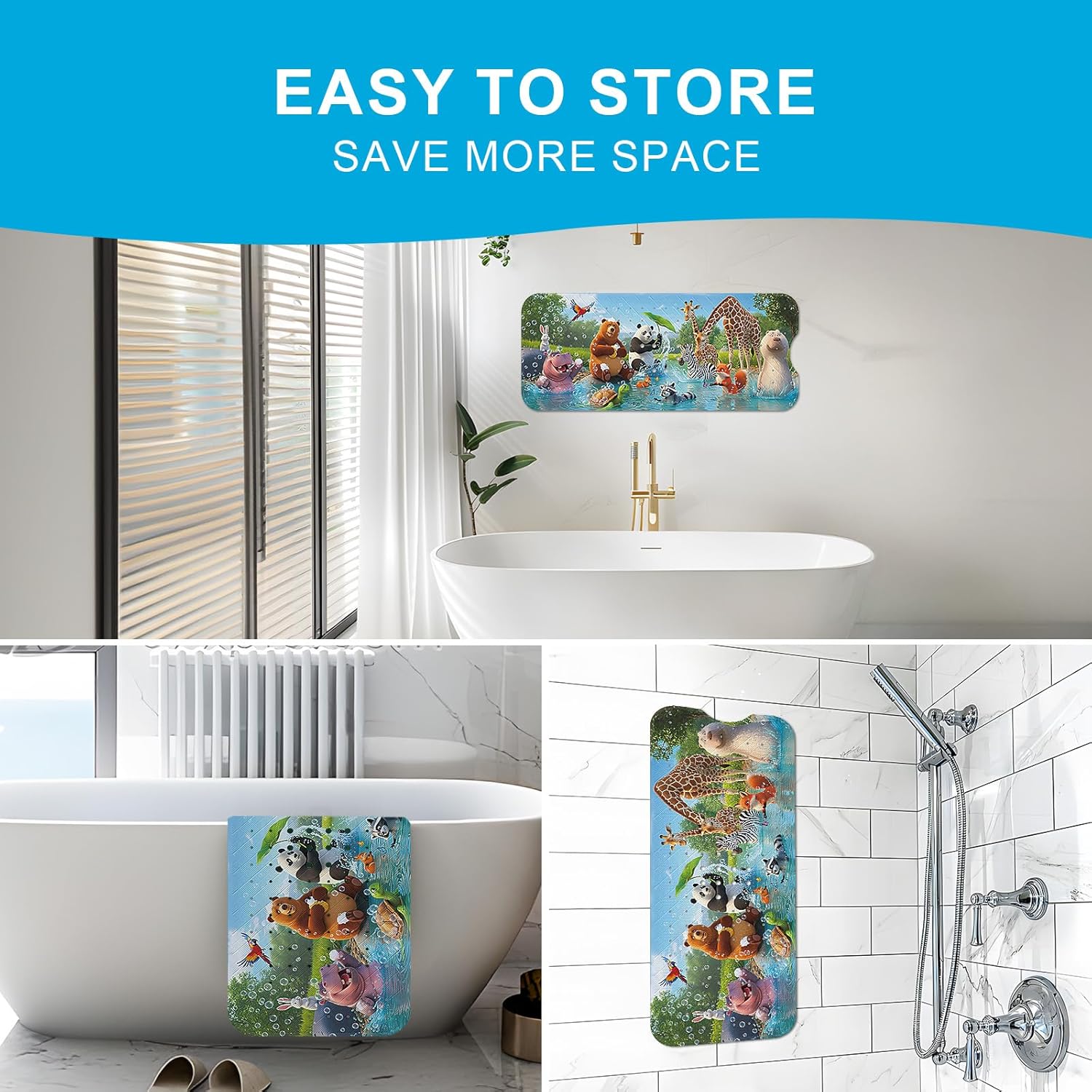 Bath Tub Mat Non Slip Bath Mat Shower Mat for Baby Adults, BPA Free Extra Long Bathtub Mat, 40x16 Inches Eco-Friendly Kids Bath Mats with Suction Cups and Drain Holes, Machine Washable,Animals