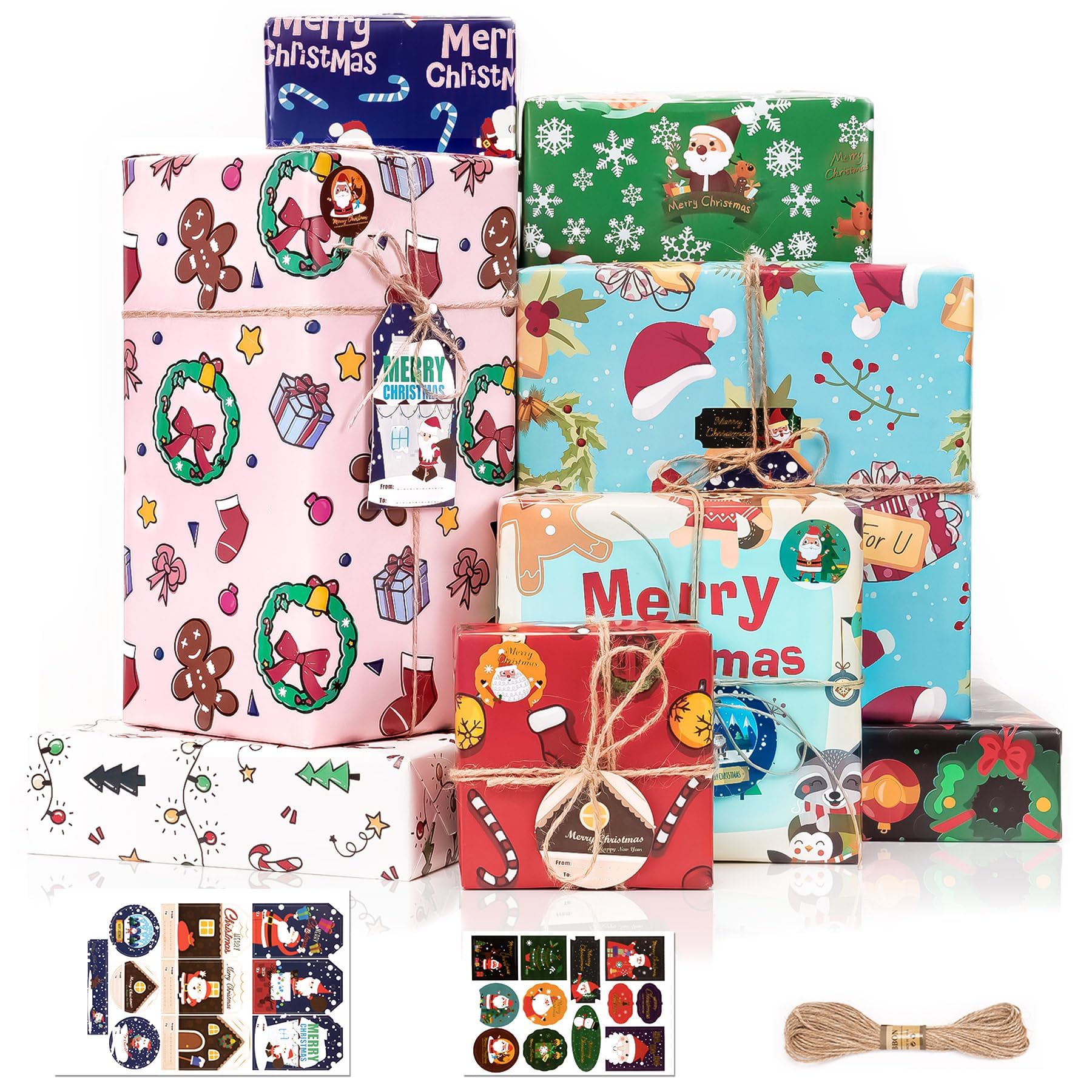 Tiokkss Christmas Wrapping Paper Set, 10 Sheets with Gift Tags, Stickers, Twine, Cute Cartoon Christmas Paper, 70 x 50 cm