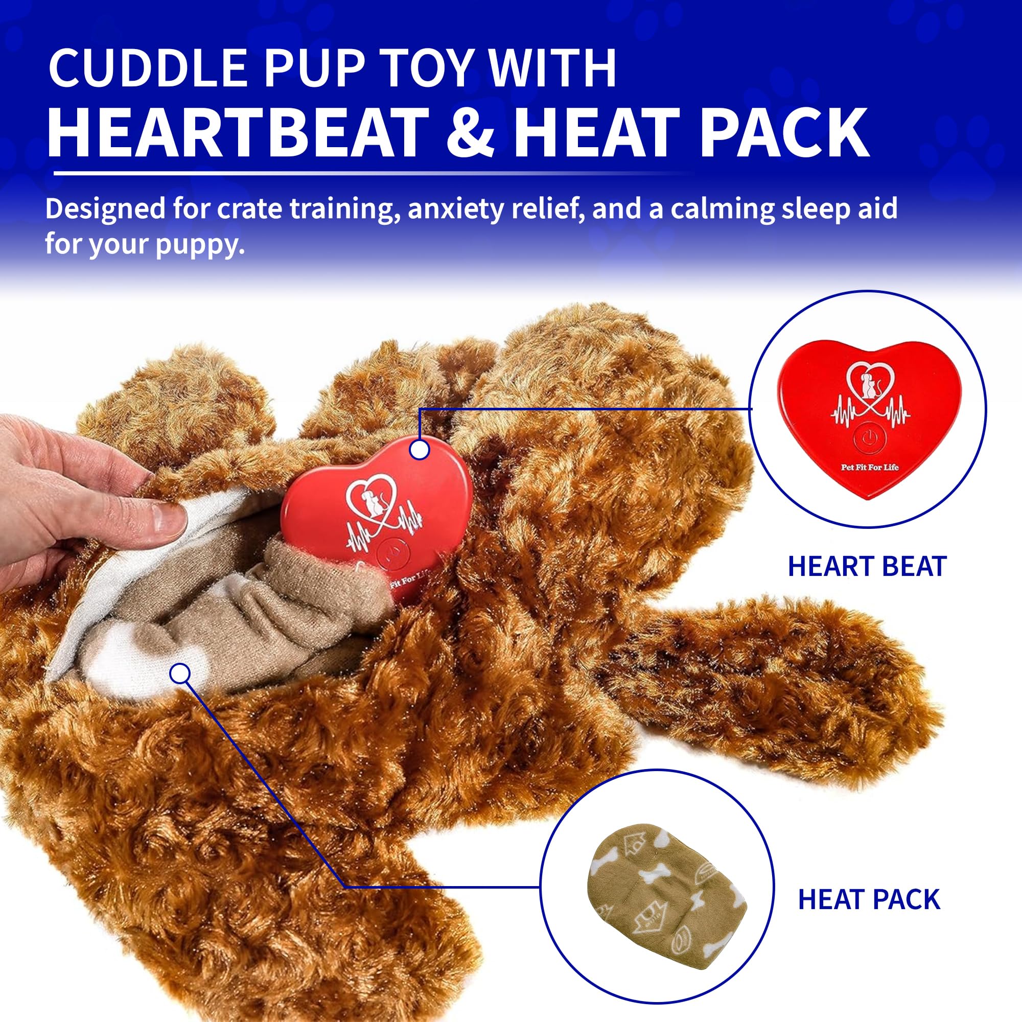 Pet Fit For Life Heartbeat - Juguete para perros con calor para calmar la ansiedad, ayuda para dormir para cachorros con simulador de latido cardíaco recargable por USB e inserto de almohadilla de