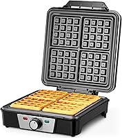 Reemix 4-Slice Belgian Waffle Maker, 1200W Nonstick Waffle Iron with Browning Control, Anti-Overflow Channel, Indicator Lights - Silver/Black