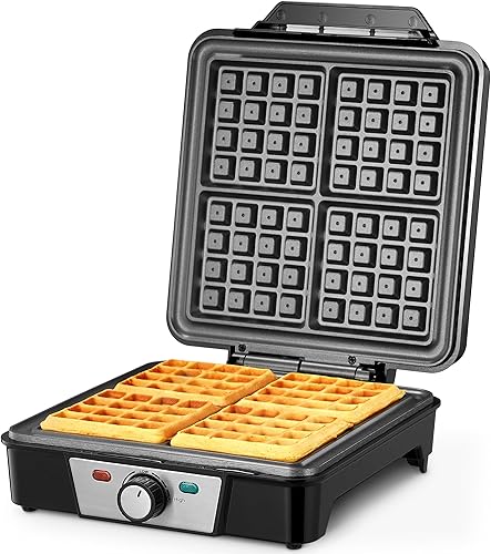 Waffle Maker belga 4 rebanadas, plancha para gofres de 1200 W, plancha para gofres antidesbordamiento con perilla de marrón, placas antiadherentes,