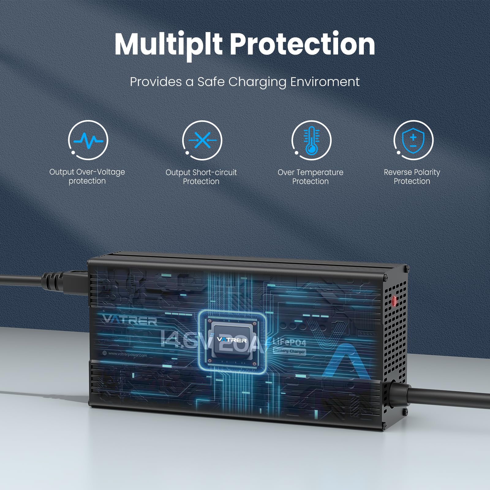 VATRER POWER Caricabatterie al litio a ricarica rapida da 14,6 V AC-DC LiFePO4 Caricabatteria per batteria al litio da 12 V, con protezione multipla e indicatore LED, ventola di raffreddamento
