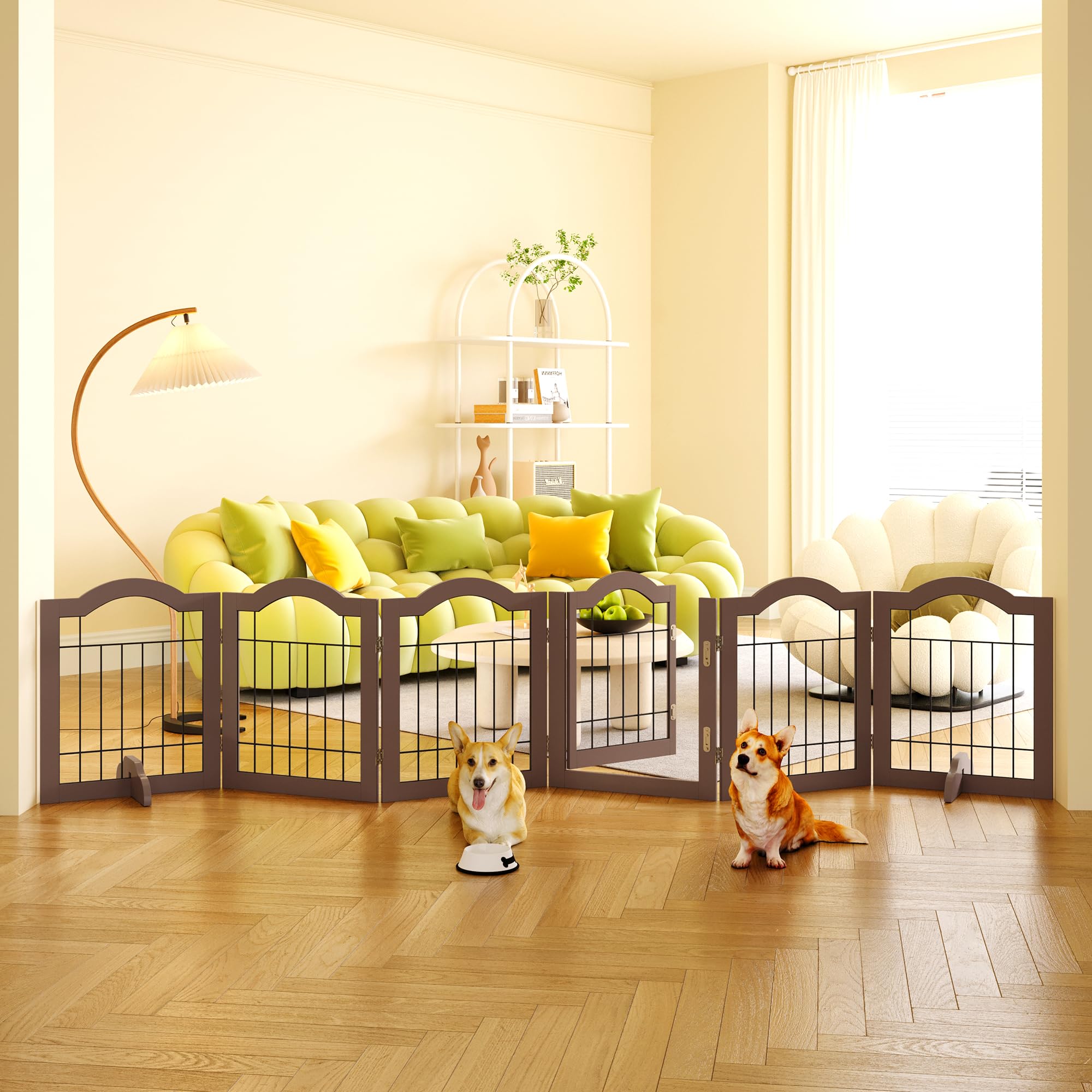 GHQ&ME No-Assembly 120" Extra Wide 24" Tall Freestanding Pet Gate with Door Walk Through, Wooden Folding Dog Gate for Doorways Stairs, Indoor Pet Puppy Fence with 2PCS Support Feet - Espresso