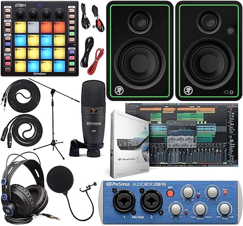 PreSonus AudioBox 96 - Kit de interfaz de audio con software Studio One Artist, controlador de almohadilla de producción Atom Midi, monitores de