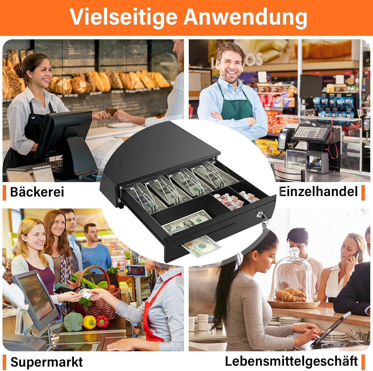 Tiskgg Kassenschublade 37 x 34 x 8 cm, Kasse mit 4 Geldschein- & 5 Münzfächern, Kassenlade Manuell/Elektrisch, mit Schlüssel & RJ11/RJ12 Anschluss für POS System
