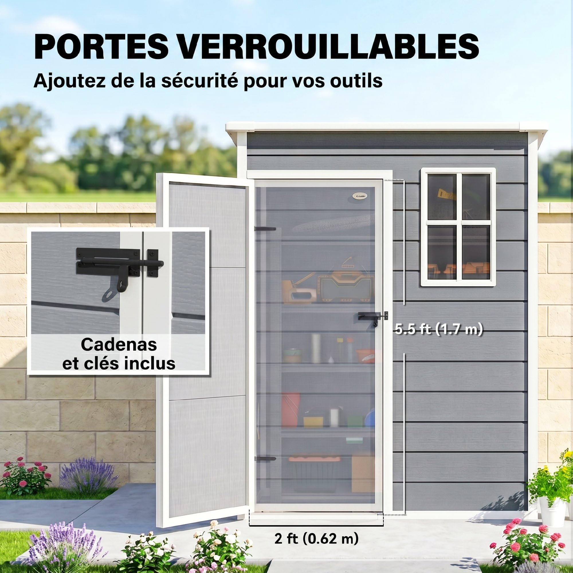 Outsunny Abri de Jardin 1,14 m² Aération Fenêtre 151L x 92l x 193H cm Gris | Cabane de Jardin pour Outils, Porte Verrouillable, Plastique
