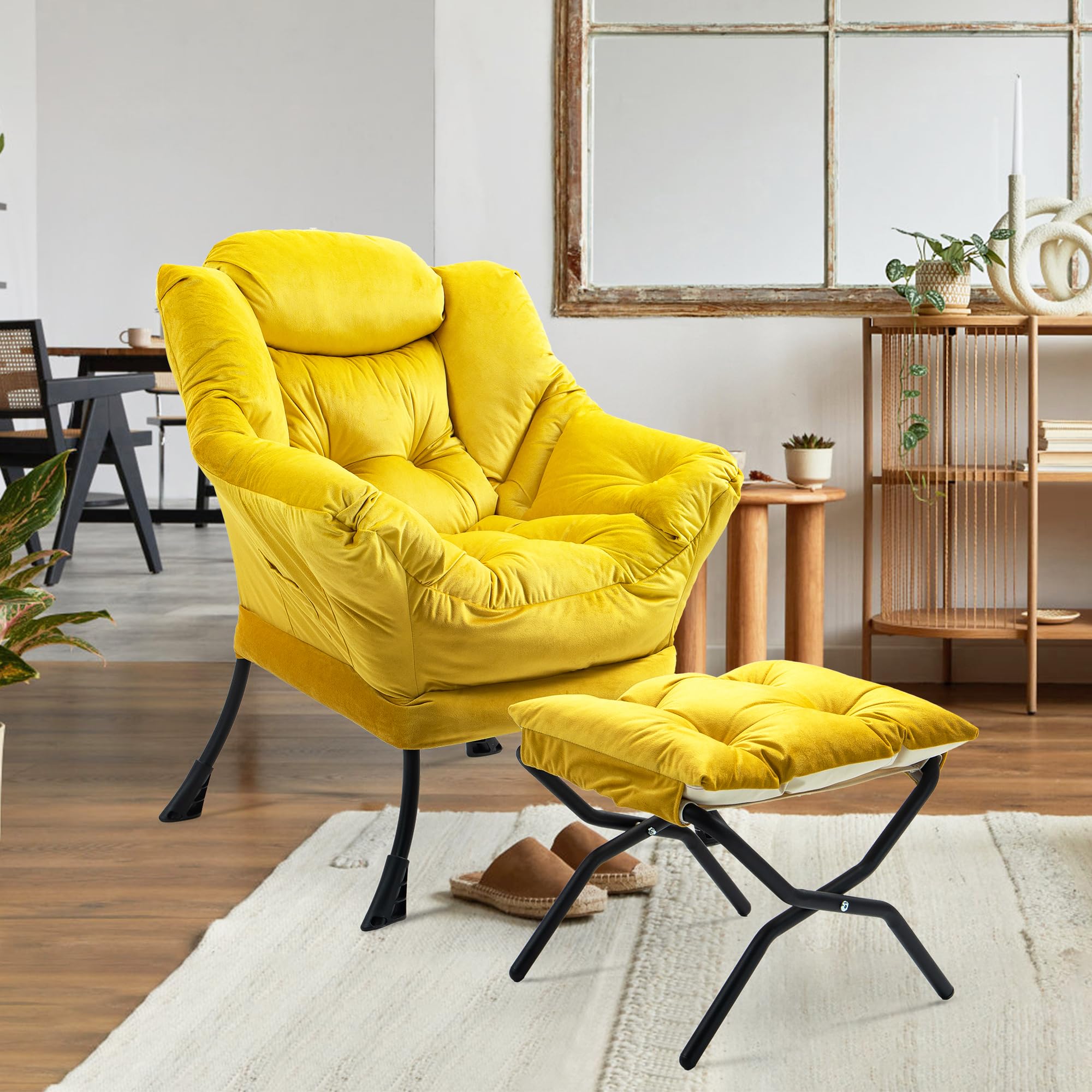 TIANSHU Samt Sessel mit Hocker, Relaxsessel mit Nackenstütze Sessel Wohnzimmer mit Metallbeinen Stabil Loungesessel Ohrensessel Sessel für Schlafzimmer Arbeitszimmer Balkon (Gelb)