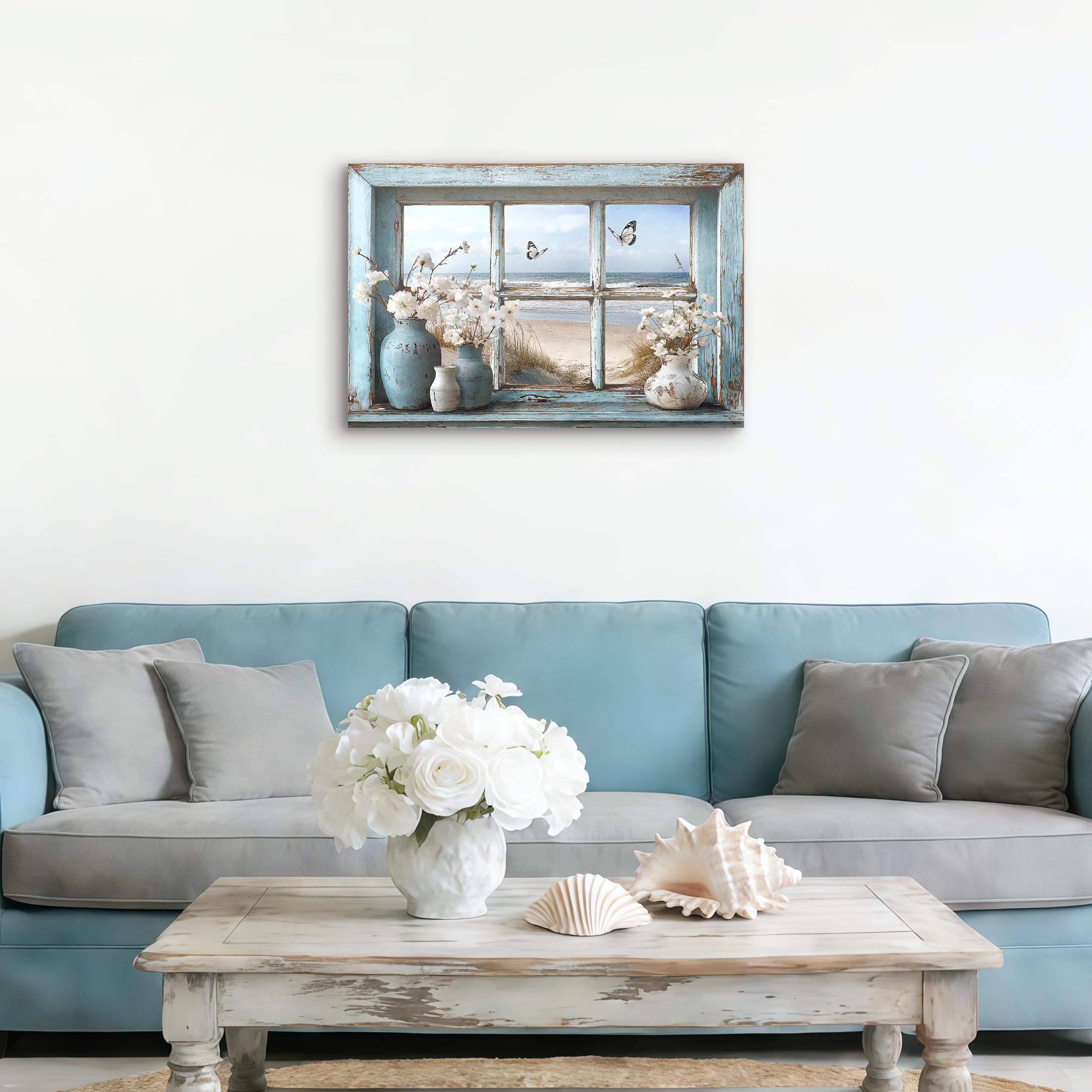 Wooden Framed Canvas Wall Art Window View Coastal Beach Painting on Canvas Prints Jasmine Flower in Vase Butterfly Poster Rustic Floral Pictures for Living Room Bedroom Hallway Wall Decor 40x60cm - Image 4