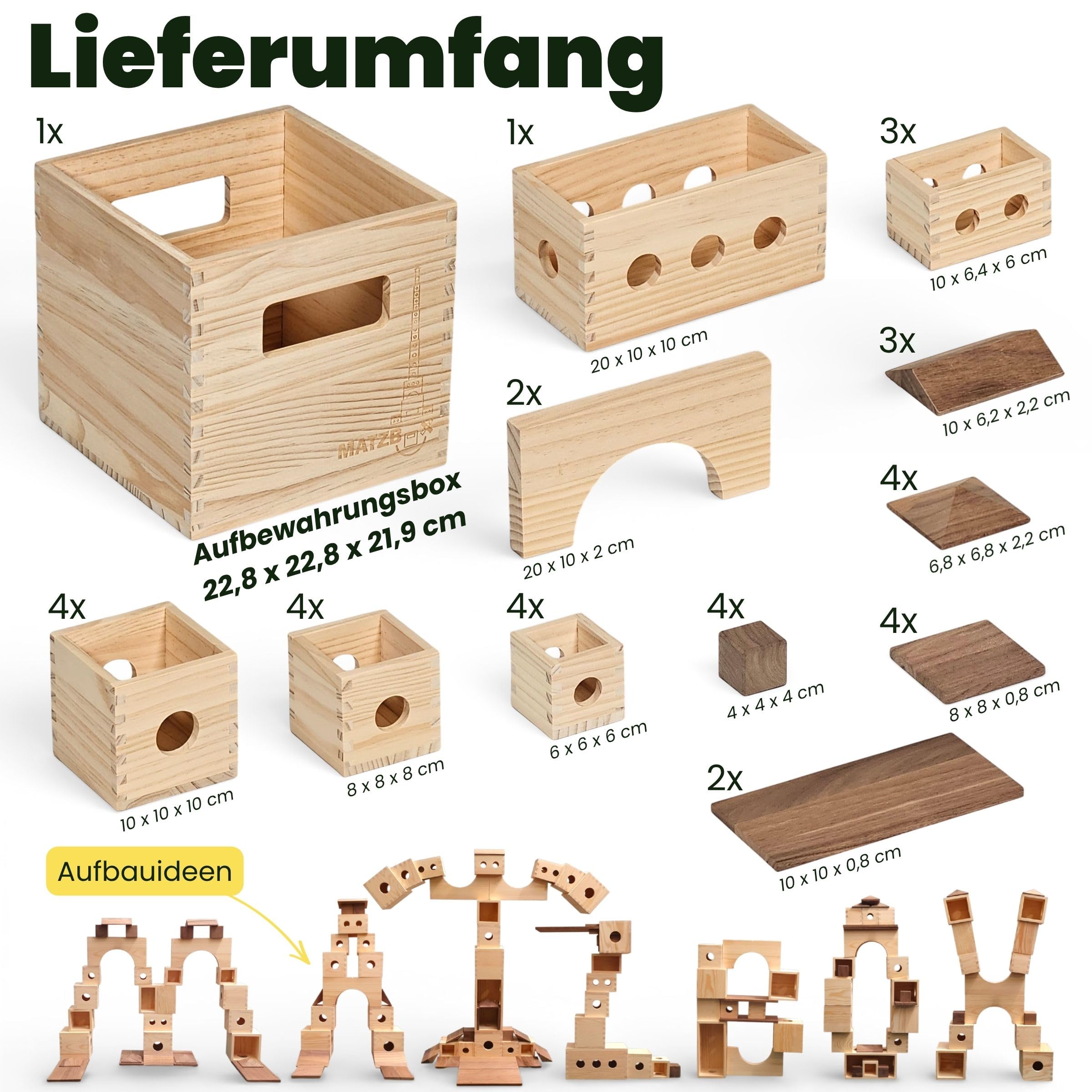 MATZBOX Montessori Kreativspielzeug aus Holzbausteinen – ausgezeichnetes Premium Spielzeug von 1 bis 7 Jahren – vielseitige Bauklötze & Boxen für freies, langanhaltendes Spielen, nachhaltiges Geschenk