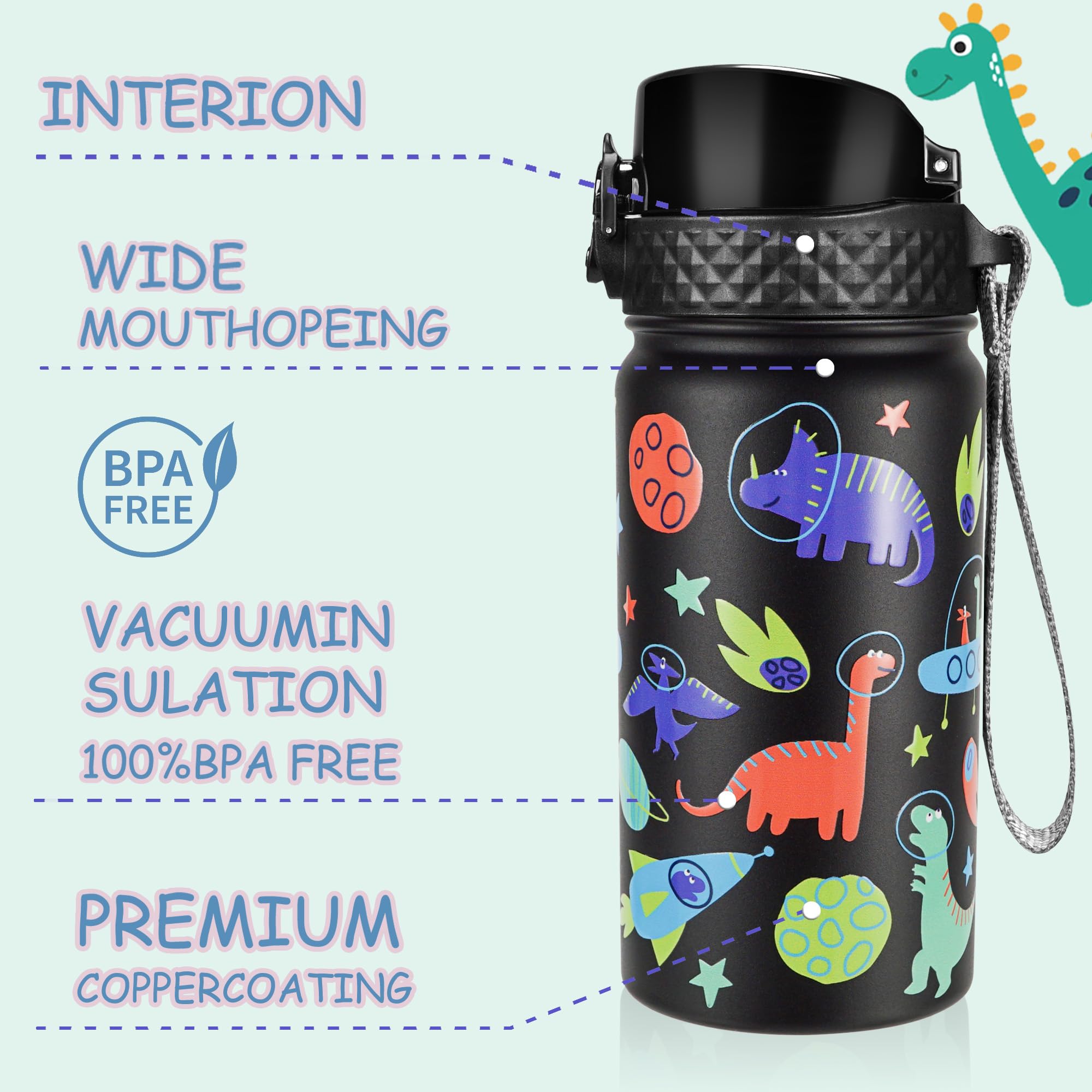 Botella de agua para niños (tapa con pajilla), botella de viaje de acero inoxidable de 14 onzas, doble pared al vacío a prueba de fugas, taza para niños y niñas, dinosaurio espacial 2
