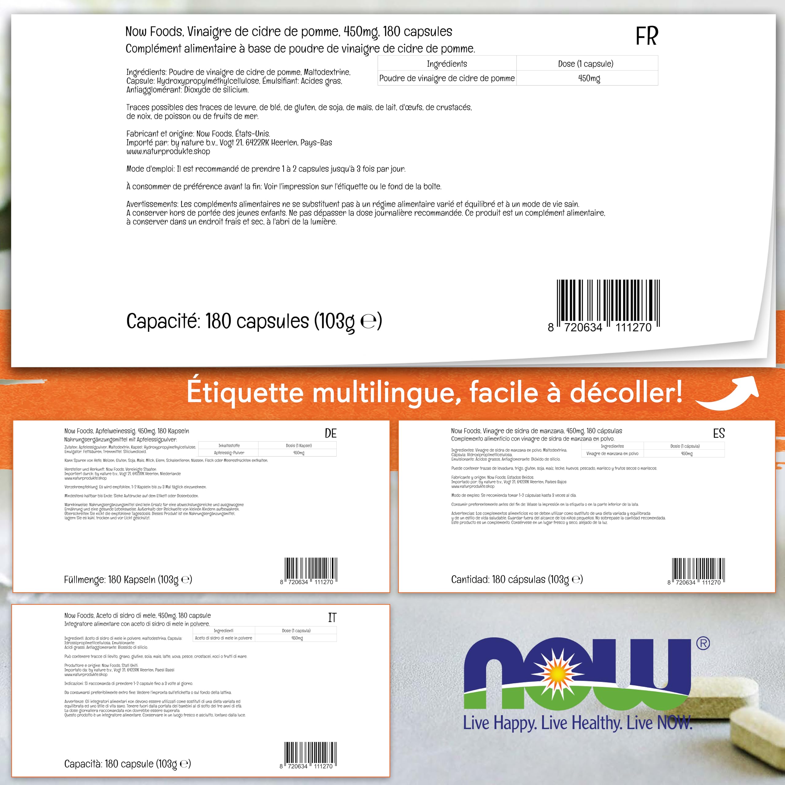 Now Foods, Apple Cider Vinegar (Vinaigre de Cidre), 450mg, 180 Capsules, Testé en Laboratoire, Sans Gluten, Sans Soja, Végétarien