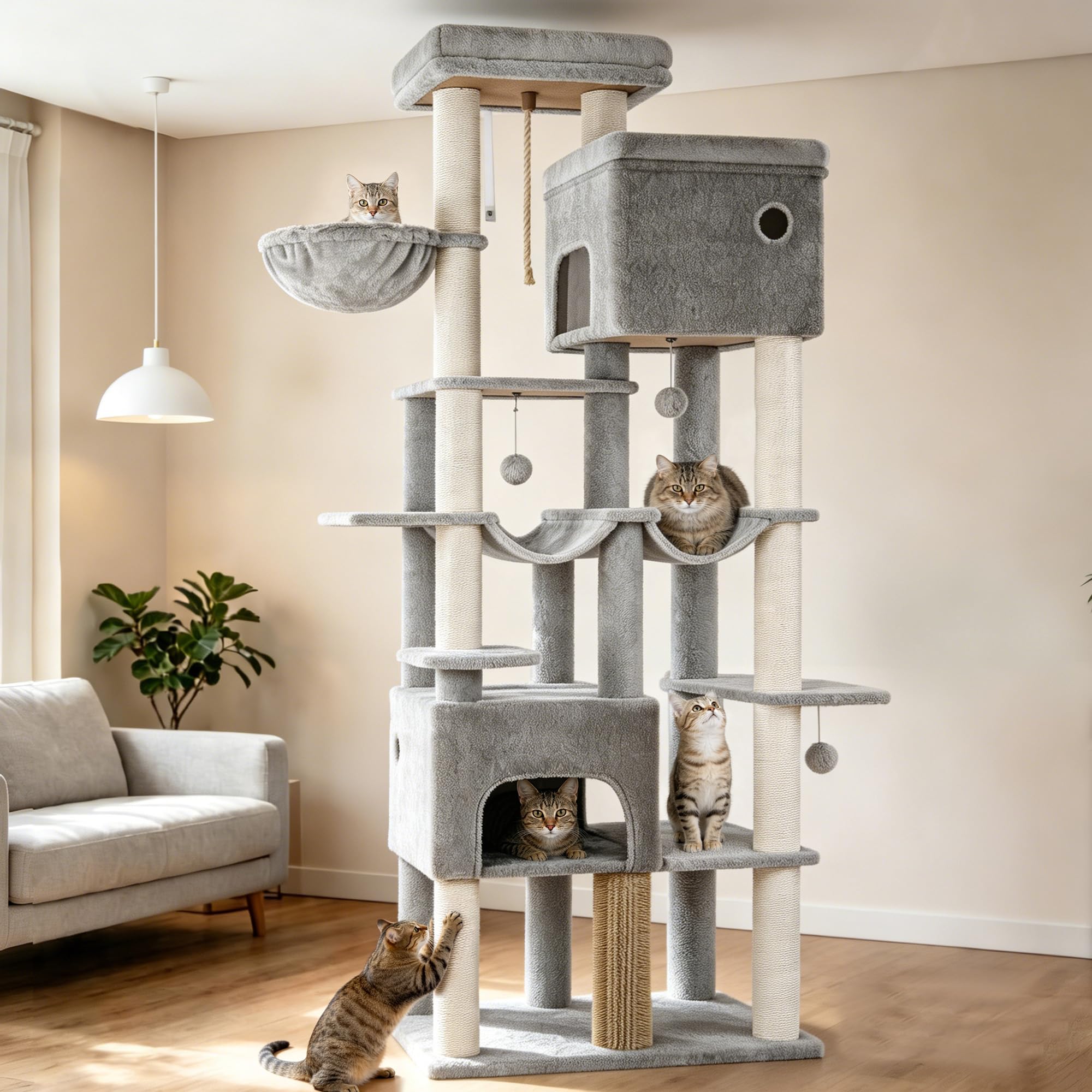 Hzuaneri Árbol de Gato 200 cm XXL, Rascador con 2 Casitas y 10 Sisal, Torre Resistente para Gatos Grandes Maine Coon, Incluye 2 Hamacas, Gris Claro MS20018LG