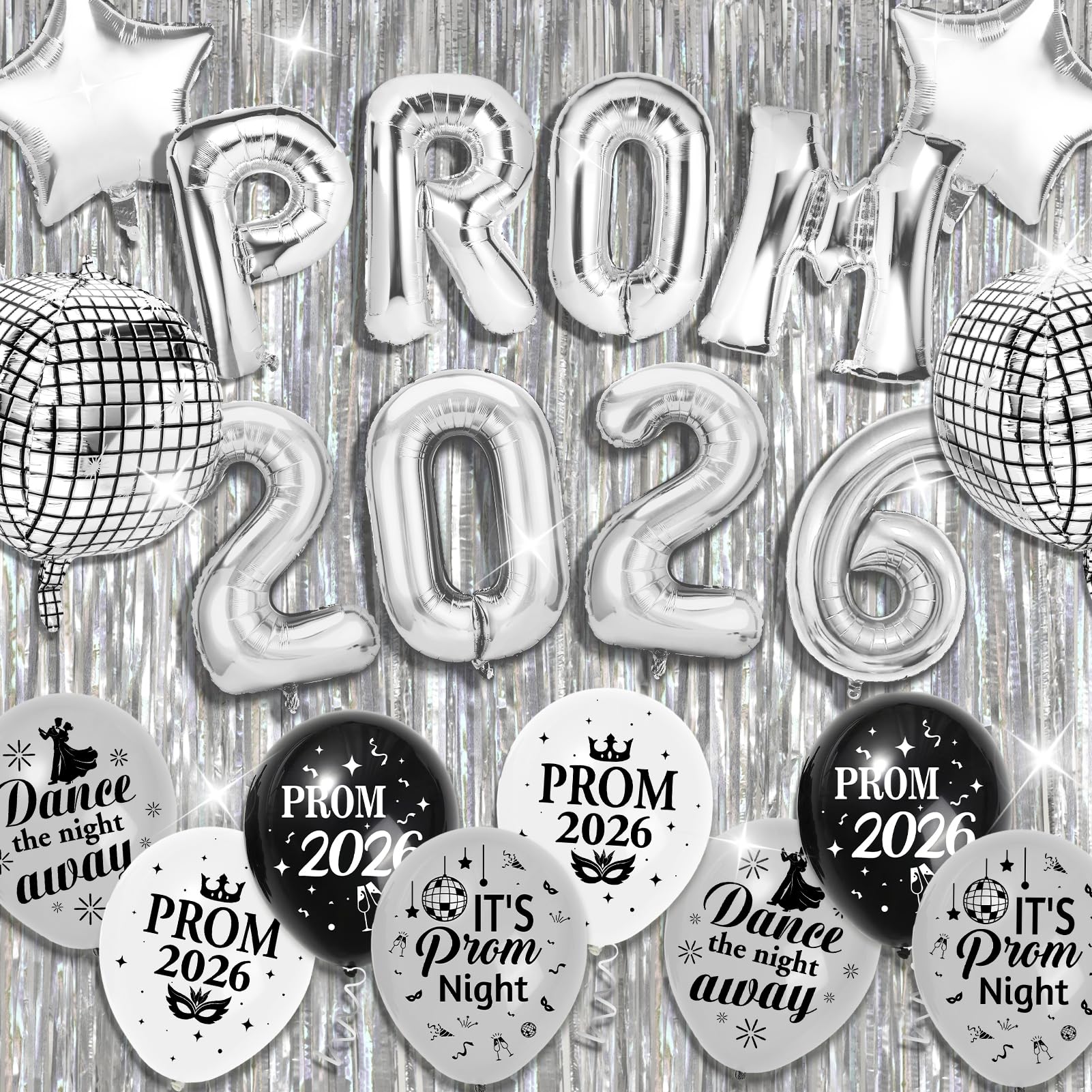 HOWAF Prom Decorations 2026 Silver, Foil Prom 2026 Balloons Disco Ball Star Balloon Silver Tinsel Curtains prom Night Backdrop Foil Curtain Latex Party Balloons 2026 Decorations Graduation decoration