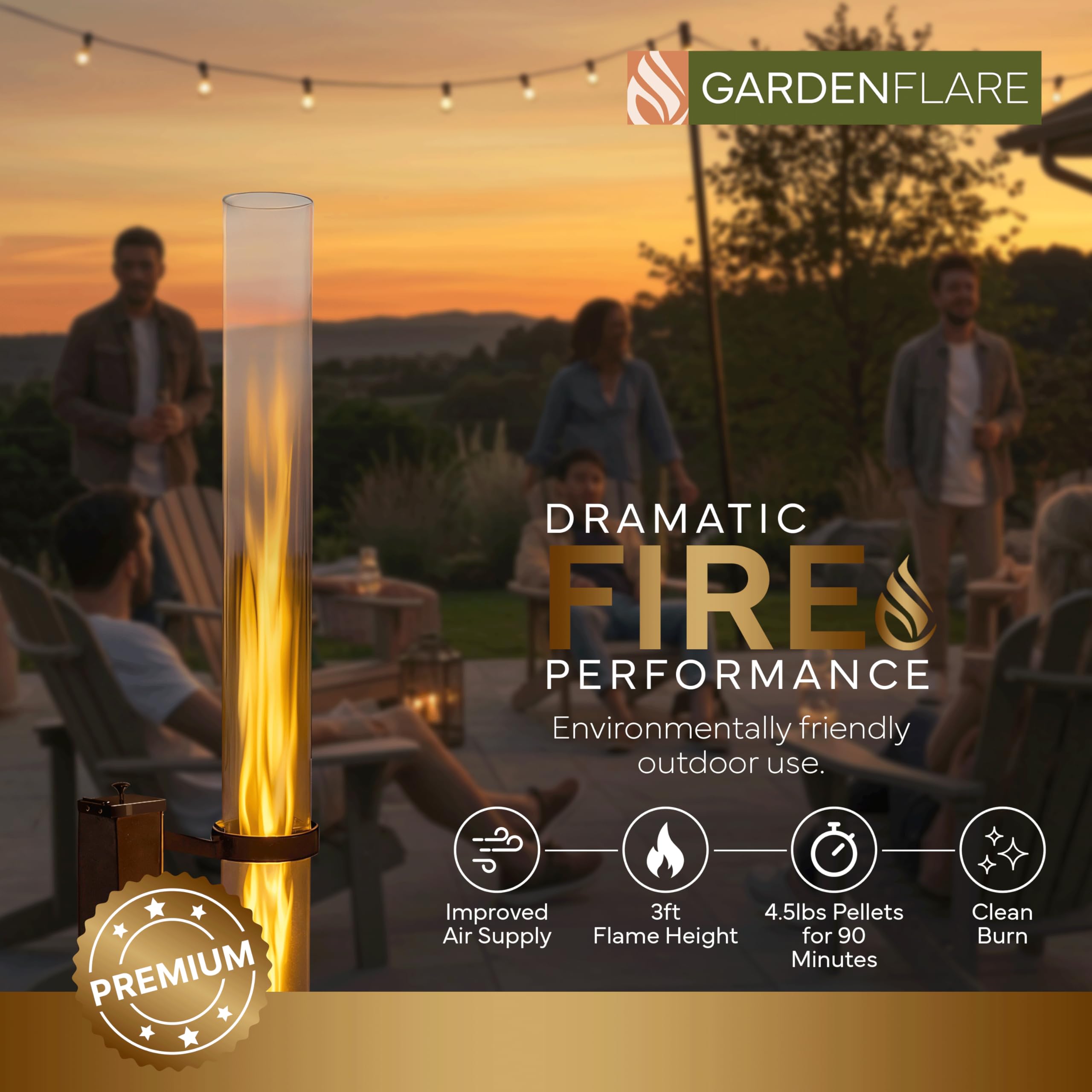 GARDENFLARE Tubo del fuoco di qualità superiore - Grande fiaccola a pellet in acciaio inossidabile con fiamma fino a 1,5 m e spazzola di pulizia inclusa, braciere per giardino e terrazza - Fuoco