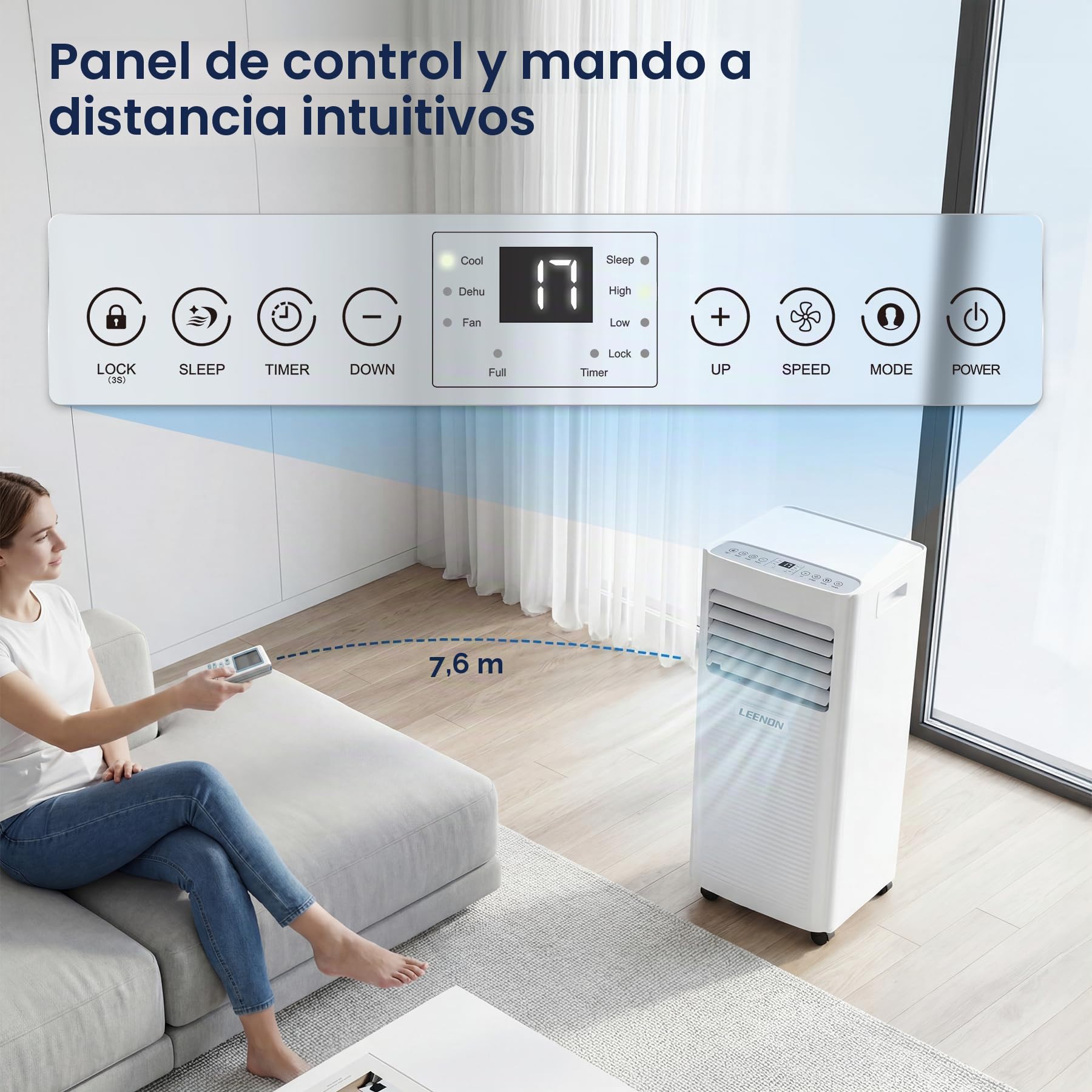 9000 BTU Aire Acondicionado Portátil LEENON 4 en 1 Climatizador Portatil Deshumidificador Ventilación, Modo Sueño, Control Remoto, Temporizador 24H, Incluye Kit Ventana, Ar Condicionado Hasta 35m²