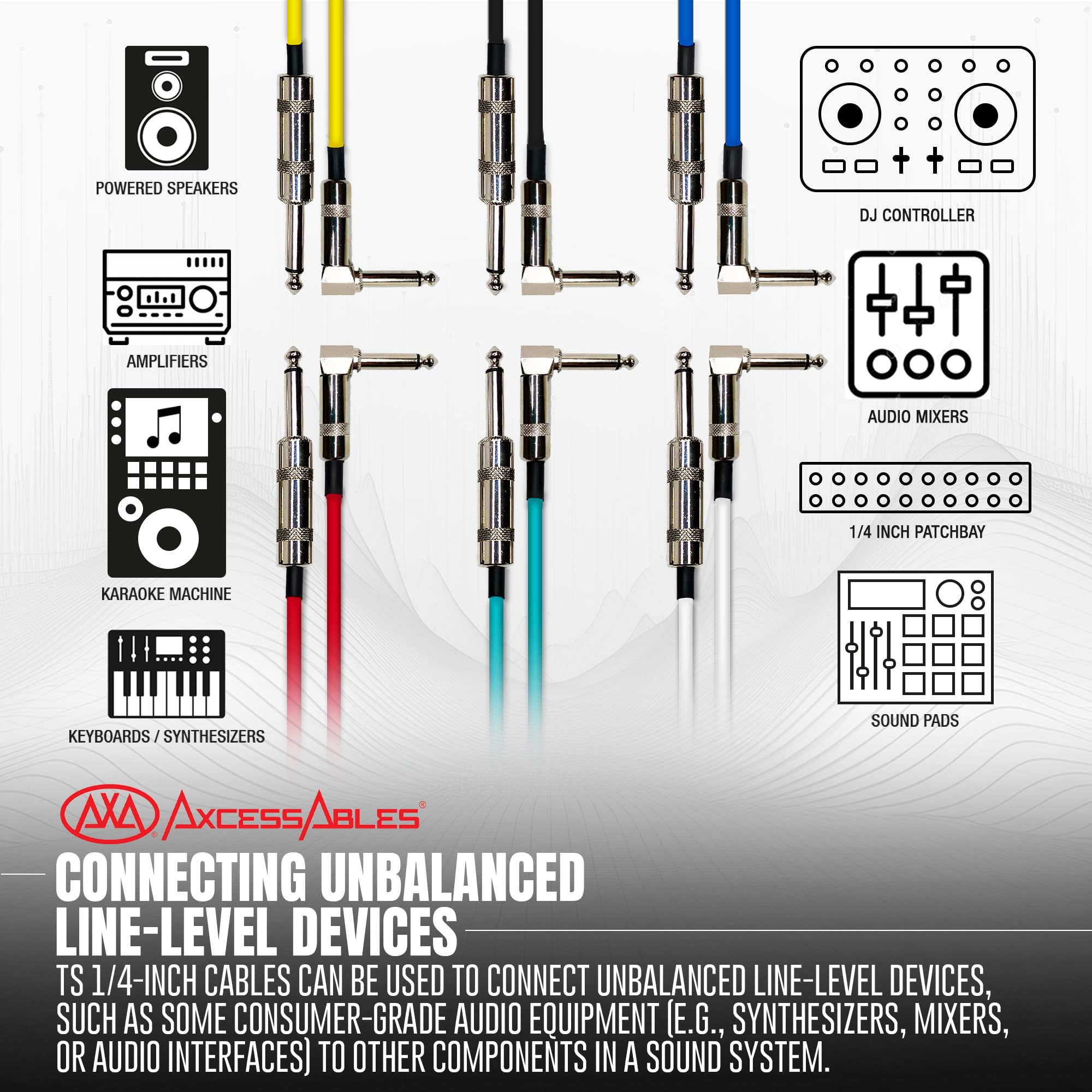 AxcessAbles - Cables de amplificador de ángulo recto de 1/4 pulgadas para bajo y guitarra eléctrica, alambre de cobre OFC de alta calidad, cable de instrumento recto TS de 3 pies a 1/4 de pulgada