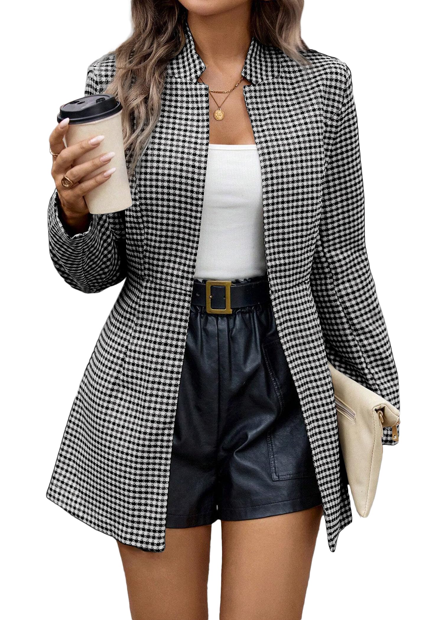 Photo 1 of Mina Self Plaid Blazer Jacket for Women 2026 Spring Black Houndstooth Long Open Front Womens Business Casual Work Office Fashion Dressy Trendy Fitted Boyfried Women's Blazers & Suit Jackets