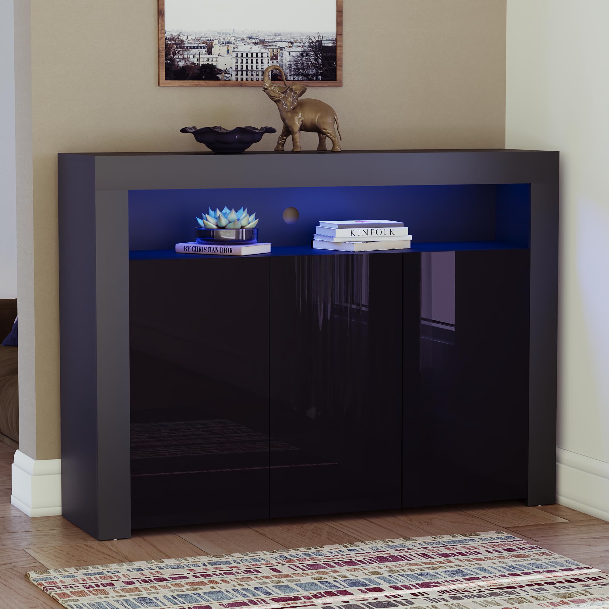 Vida Designs Nova 3 Door Modern LED Sideboard in Black, RGB Lights (Fade/Strobe Options Included), High Gloss