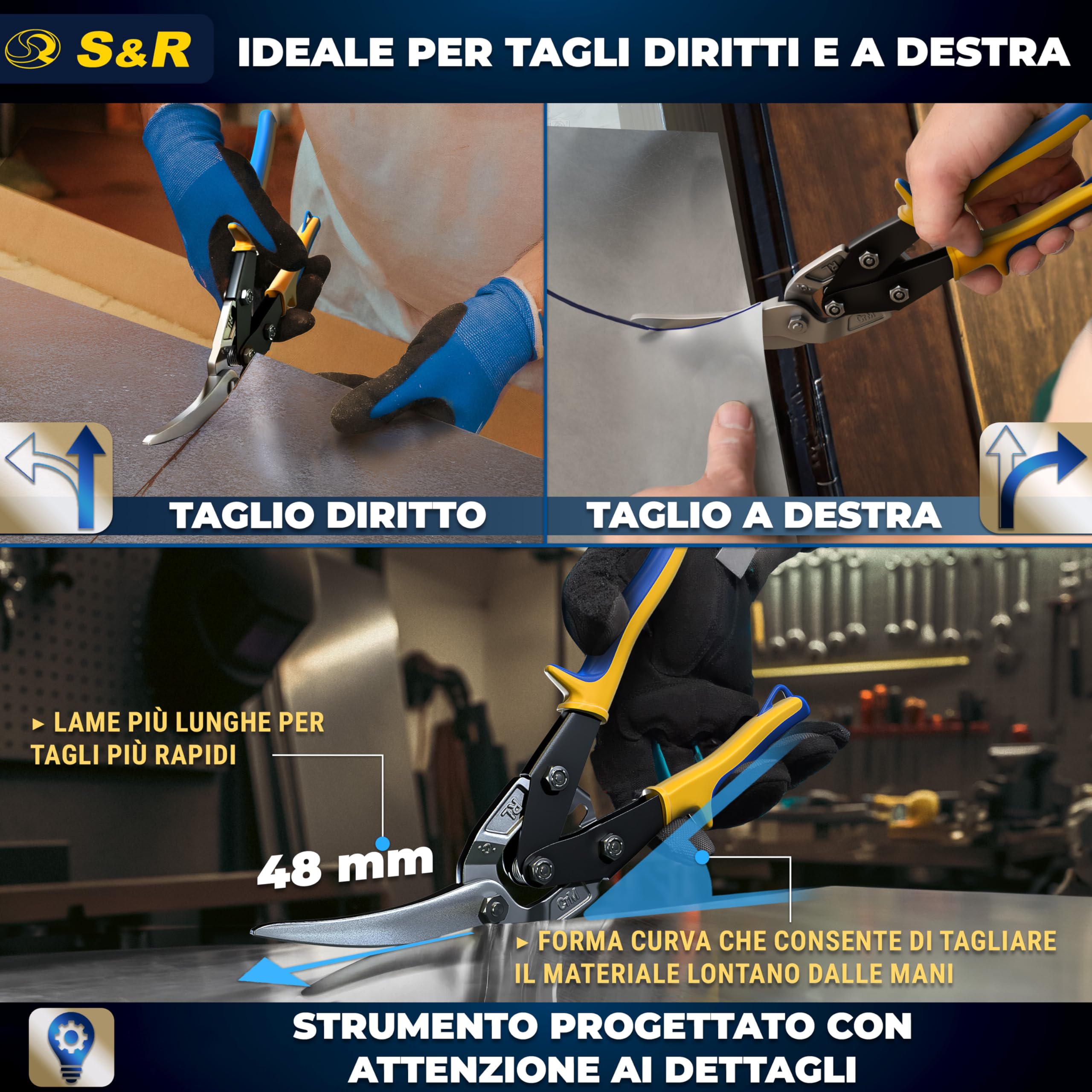 S&R Cesoie per Lamiera Professionali 280 mm, Taglio a Destra, Lame CrMo 48 mm per Acciaio Inox