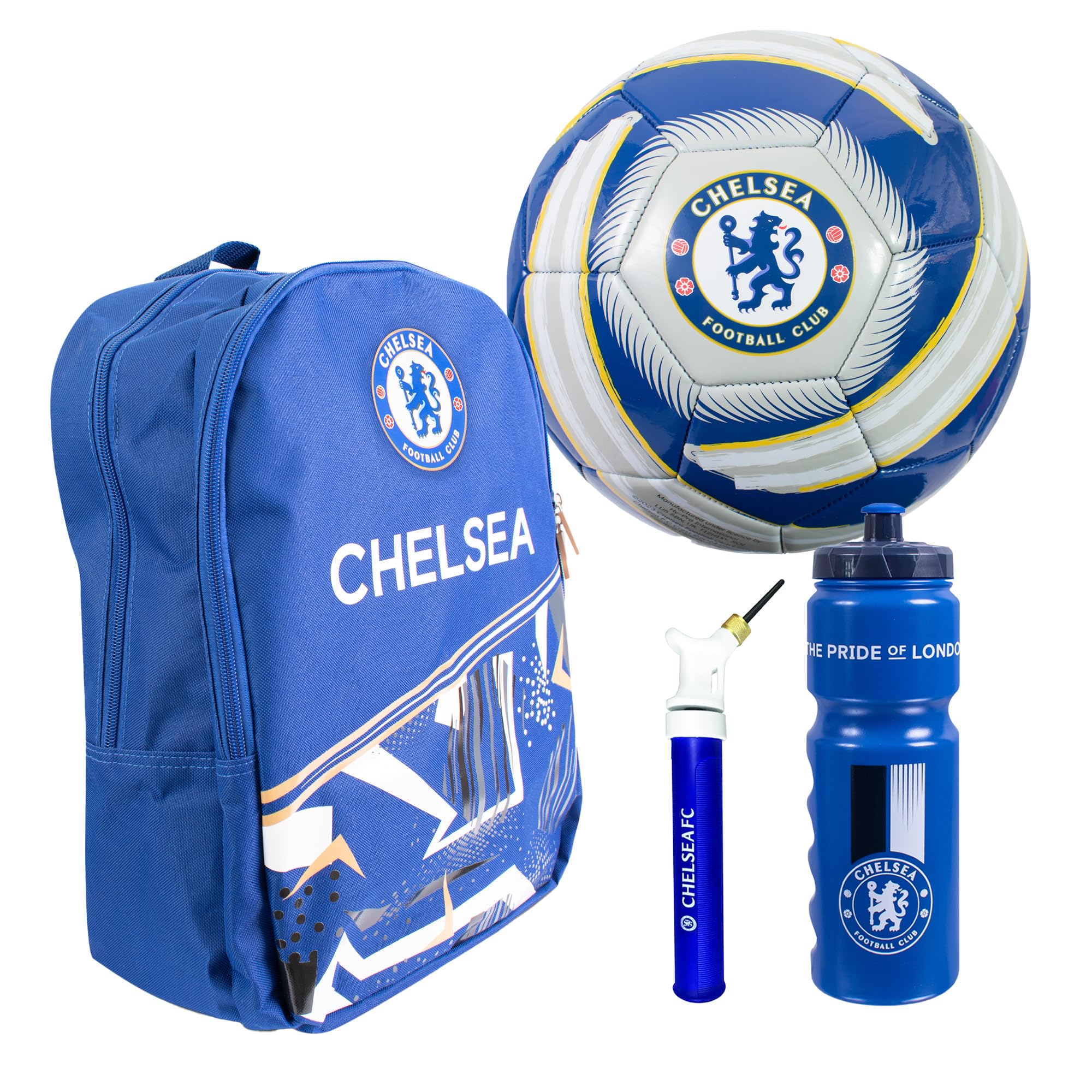 Hy-Pro Officially Licensed Chelsea FC Football Set - Size 5 Ball, Storm Backpack, Pump & 750ml Bottle, Complete Football Gifts for Boys & Girls with Official Club Branding - Blue