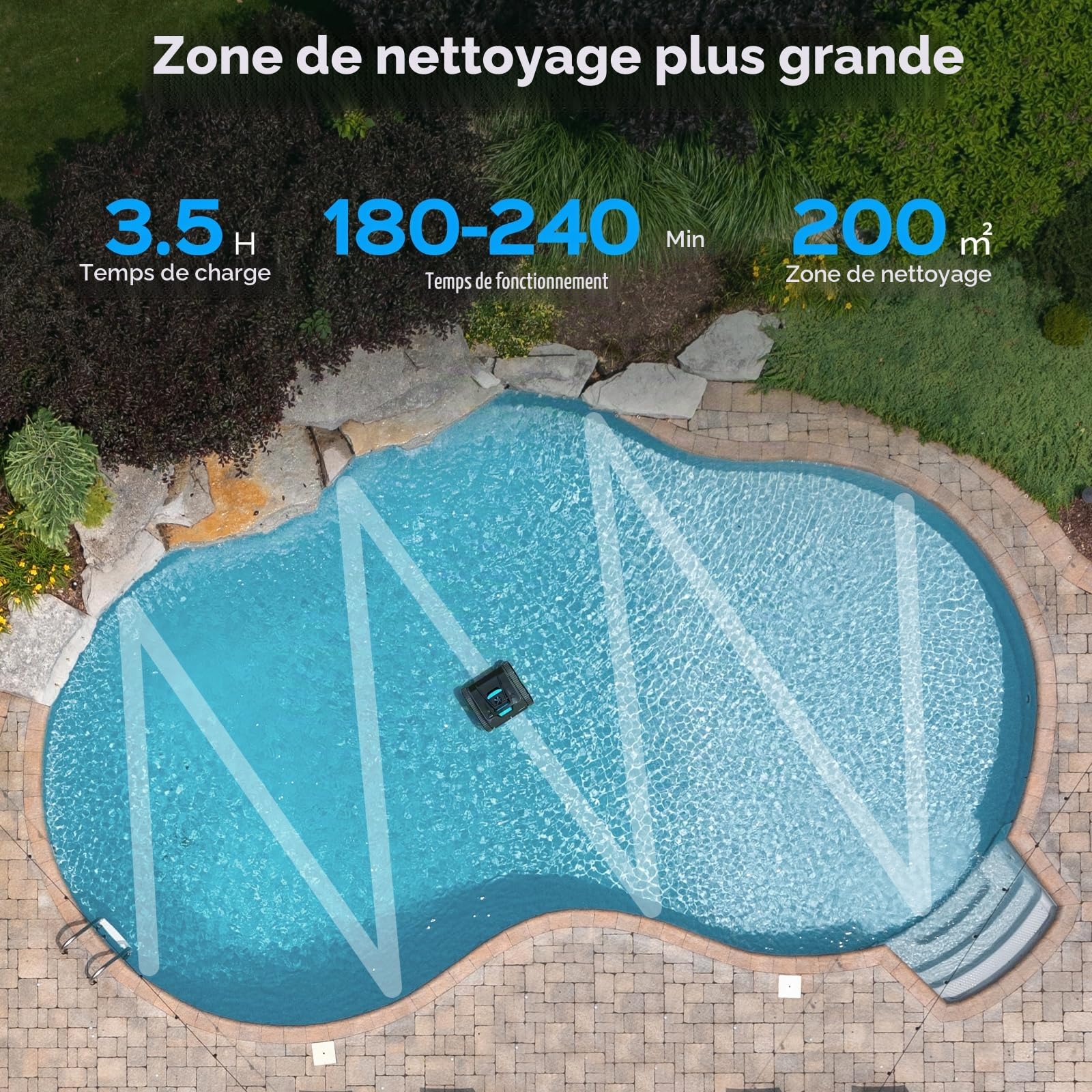 WYBOT OS7010 Max Robot Piscine Fond et Parois avec App, 210 Minutes Aspirateur Piscine, Robot Piscine sans Fil à Moteur 65 W, Cycle de Nettoyage, Grimpe Mur & Ligne d'eau,Jusqu'à 200㎡ (Gris foncé)