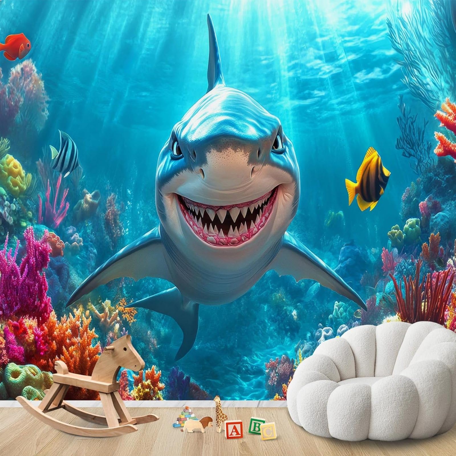 Kfjhgbdshhj 3D Mural Photo Wallpaper Underwater World Children's Room Shark Sea Animals Non-Woven Modern Living Room Bedroom Children's Room Wall Decoration Motif,430Cmx300cm Wall Sticker - Background Wall - Painting - Po