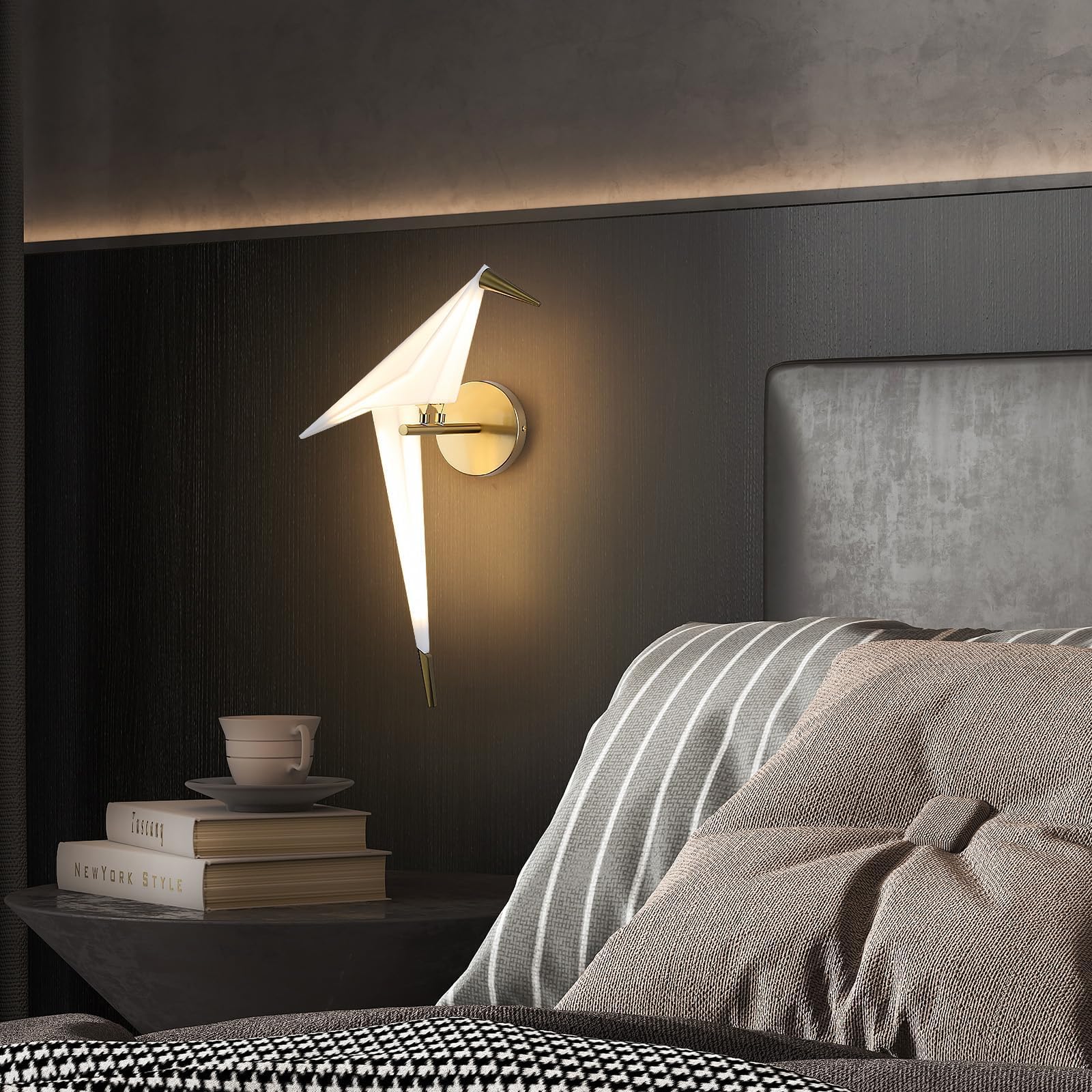 Wandleuchte Moderne Gold Papier Kran Swing Vogel LED Wandleuchte,3000K Warme Acryl Lampenschirm Metall Basis Wand leuchte für Wohnzimmer Schlafzimmer Büro Studie Lesen, 50cm*20cm