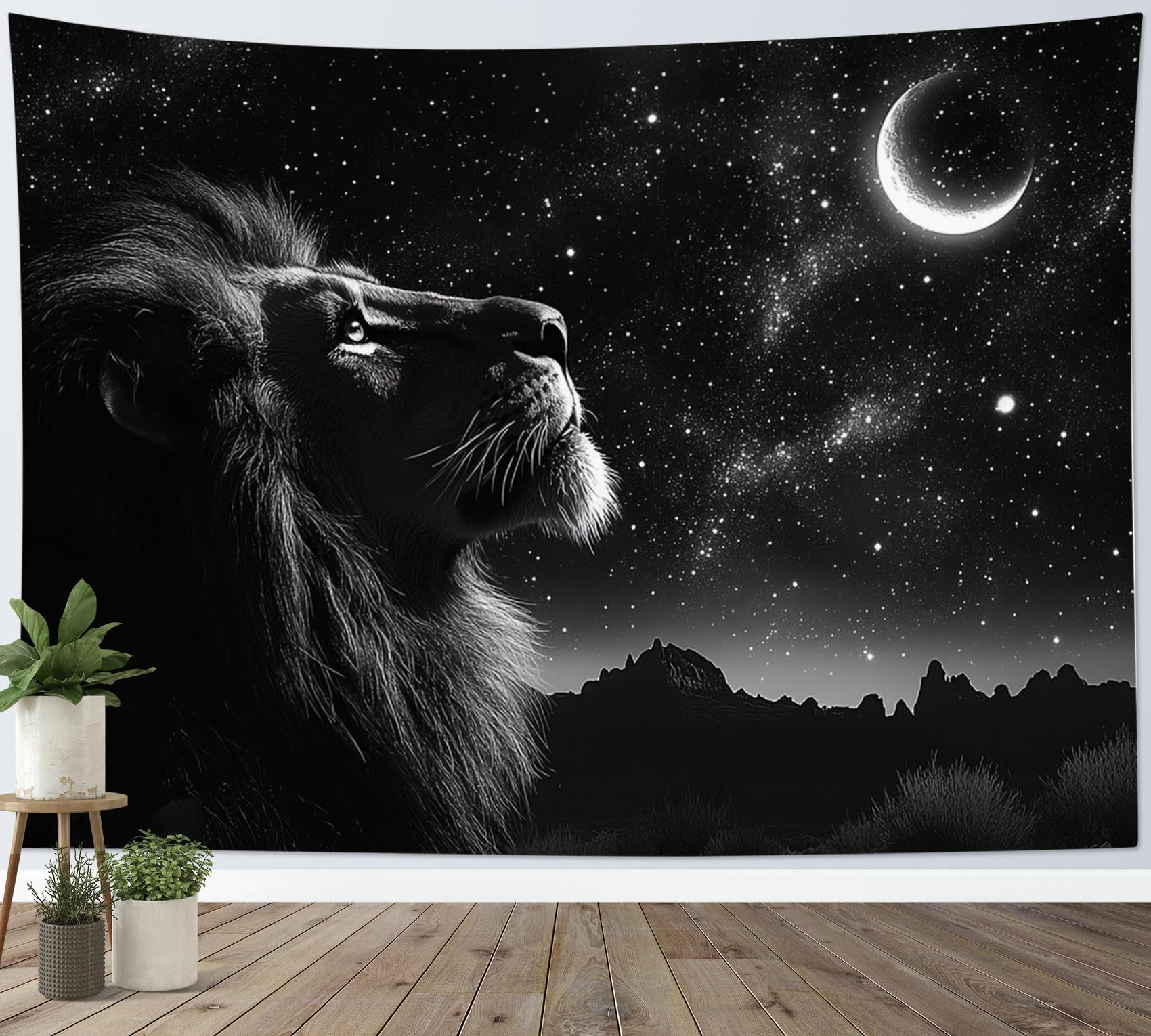 LB Black and White Lion Tapestry Bright Moon Stars in Sky Tapestry Wall Hanging Mountain Landscape Tapestries for Living Room Bedroom Dorm Wall Decor,78x59 inch โ image 1