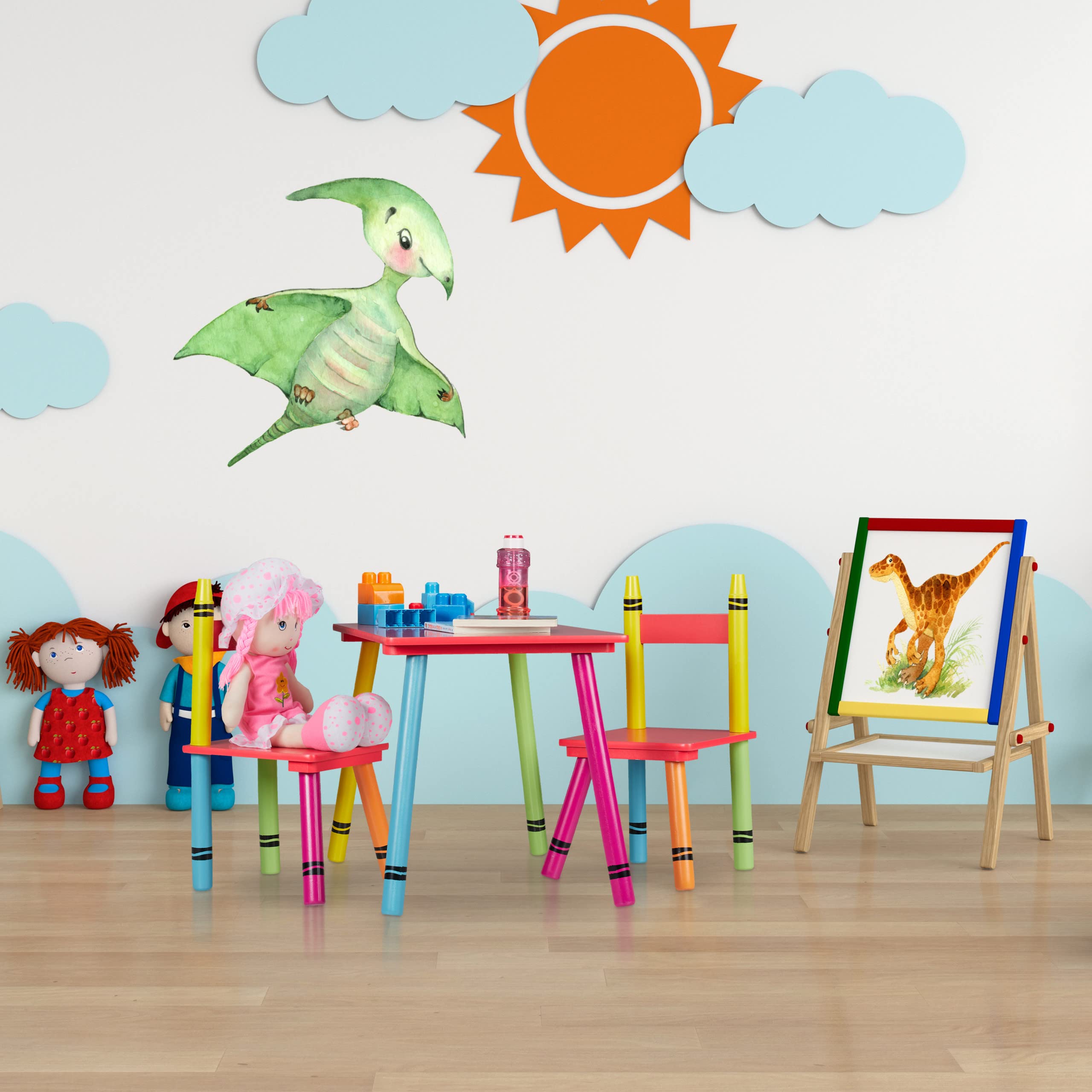 Relaxdays Set Tavolino e Sedie per Bambini e Bambine, Tavolo Basso con 2 Sedioline, in MDF e Legno di Pino, Colorato