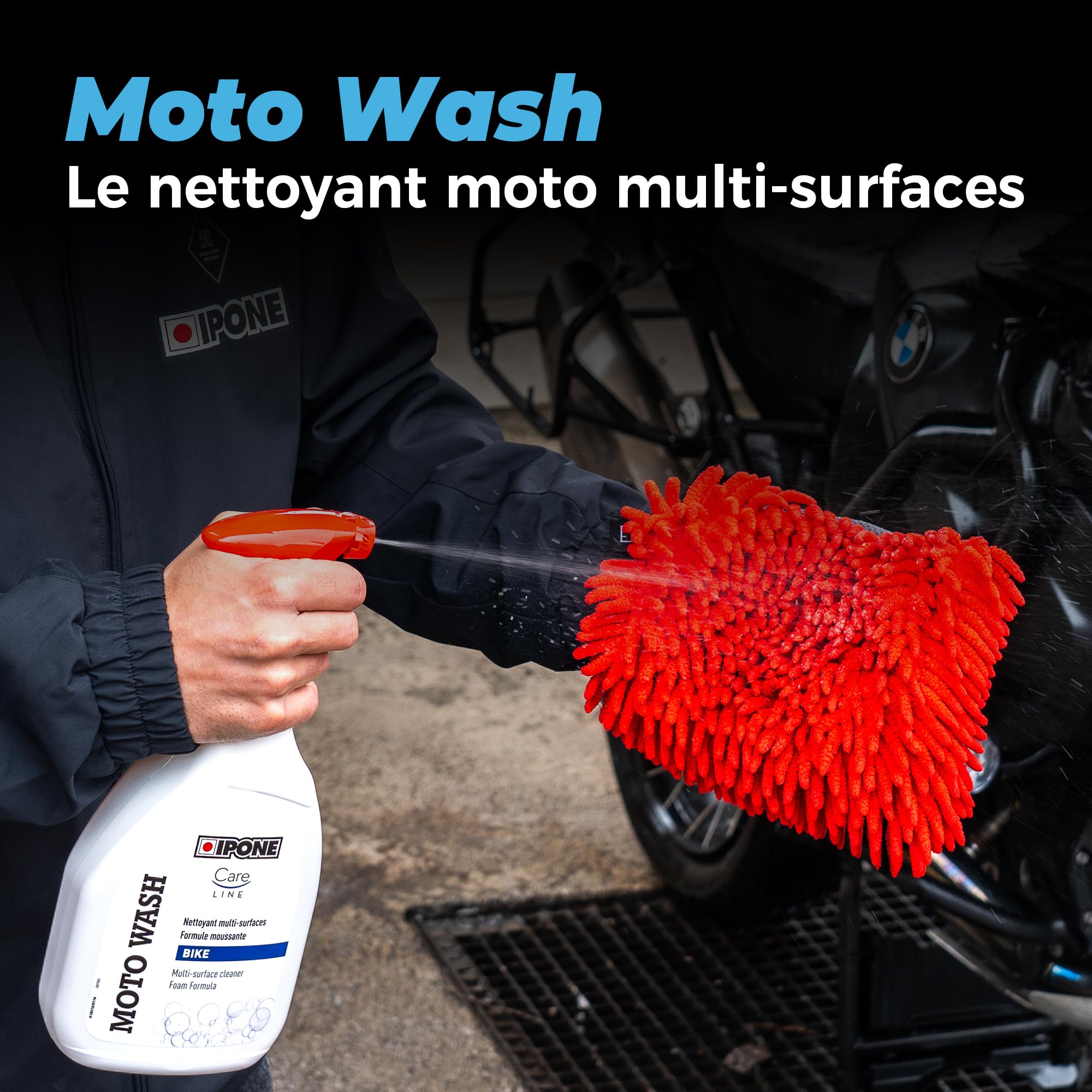 IPONE - Pack Entretien Nettoyage Complet Moto - Cleaning kit - Nettoyant Multi Surfaces Moto Wash 1L + Dégraissant Surpuissant Jantes Wheel Cleaner 1L + Gant Lavage Microfibre + Brosse Jante