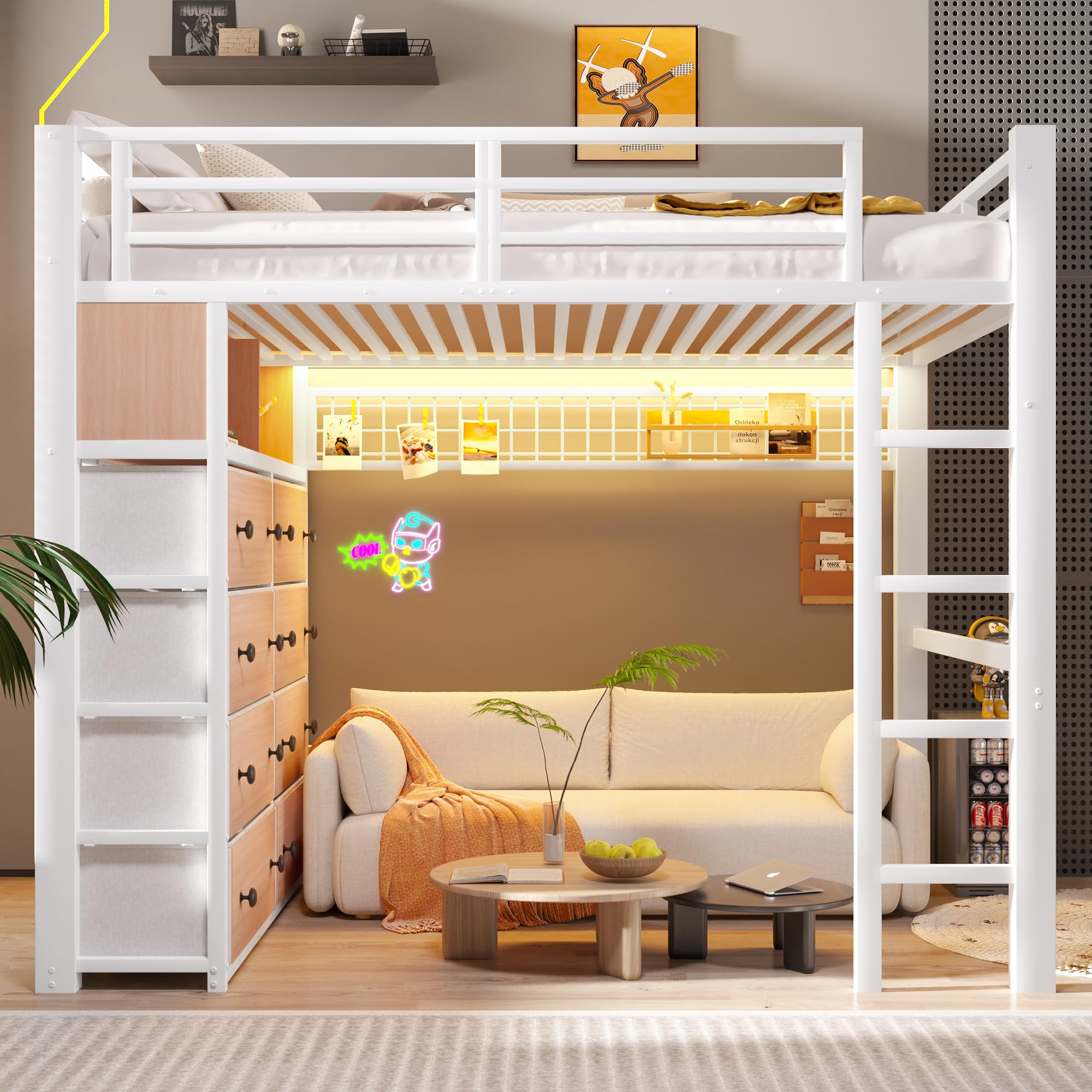 BTM Metall Hochbett 140x200 mit Modulares Schubladen Stauraum Hochbett Jugendliche mit LED, Regalen und Lochwand, Weiß