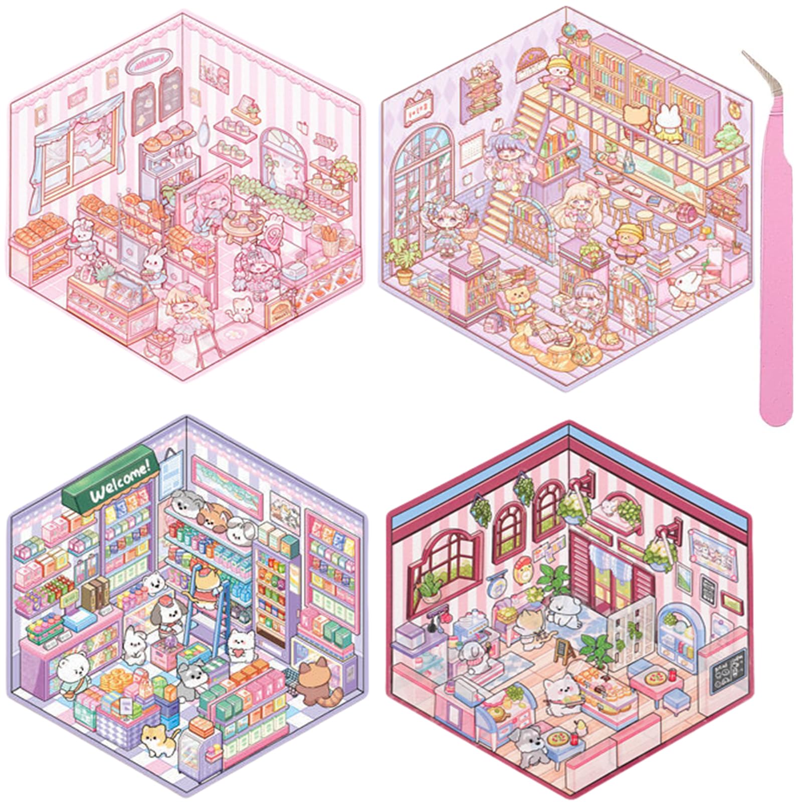 Wnqou 4 Sets DIY 3D House Stickers, 3D Scene Stickers Miniature Simulated Cabin Scene Stickers