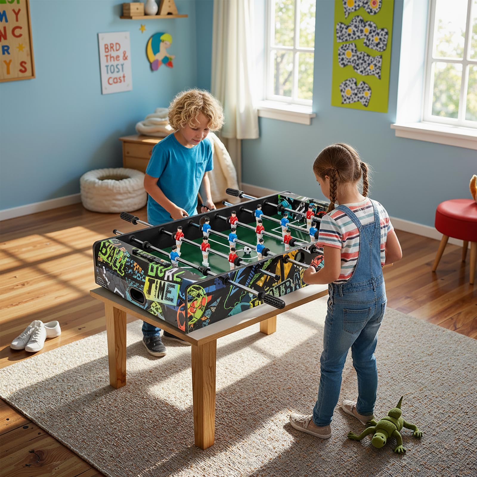 HOMASIS 2 in 1 Calcio Balilla Rimovibile per Bambini e Adulti, Calcetto da Tavolo con 2 Palline, 14 Giocatori e 2 Segnapunti, Biliardino per Bambini in Legno per Feste
